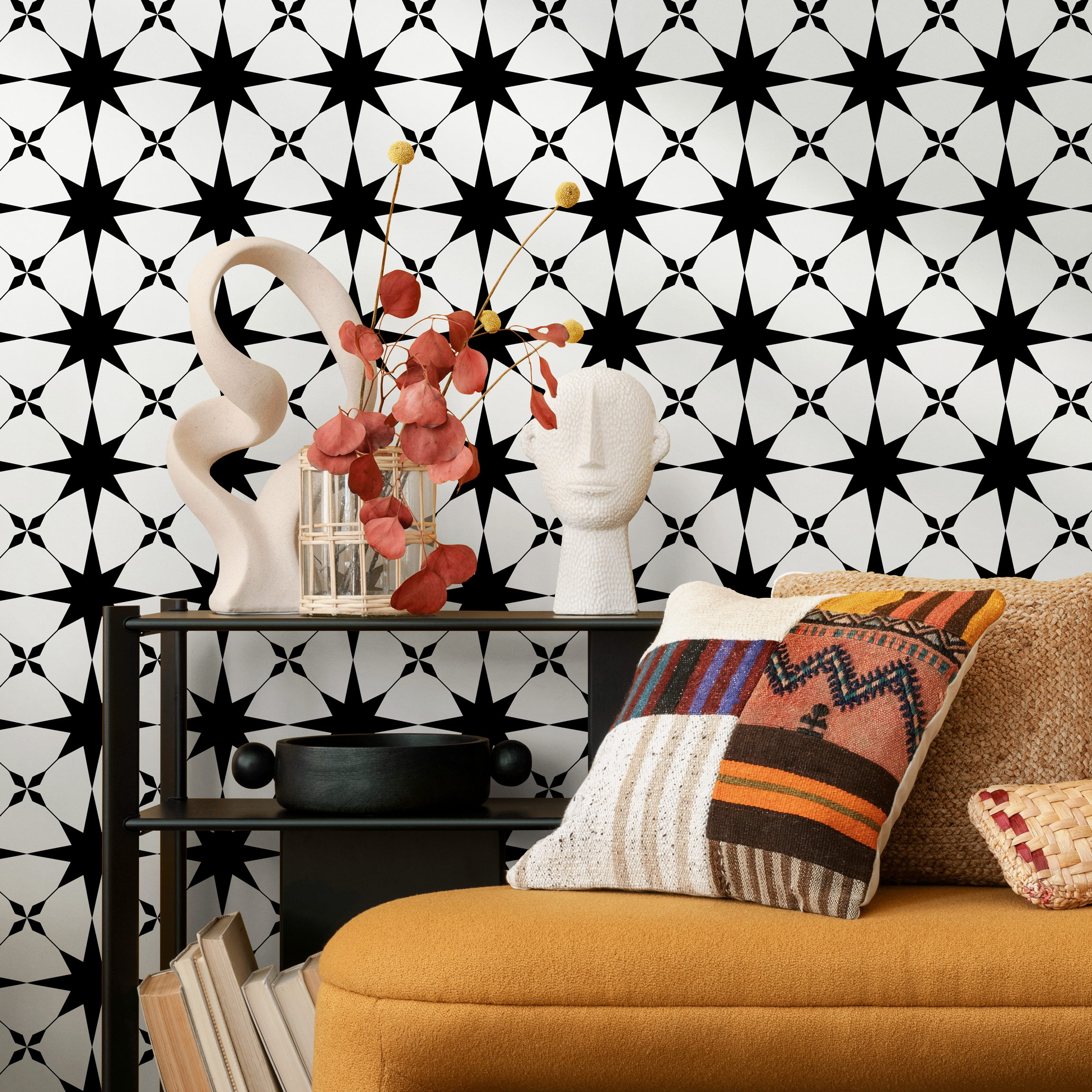 Geometric Wallpaper With A Graphic Star Pattern In Black And White - B883