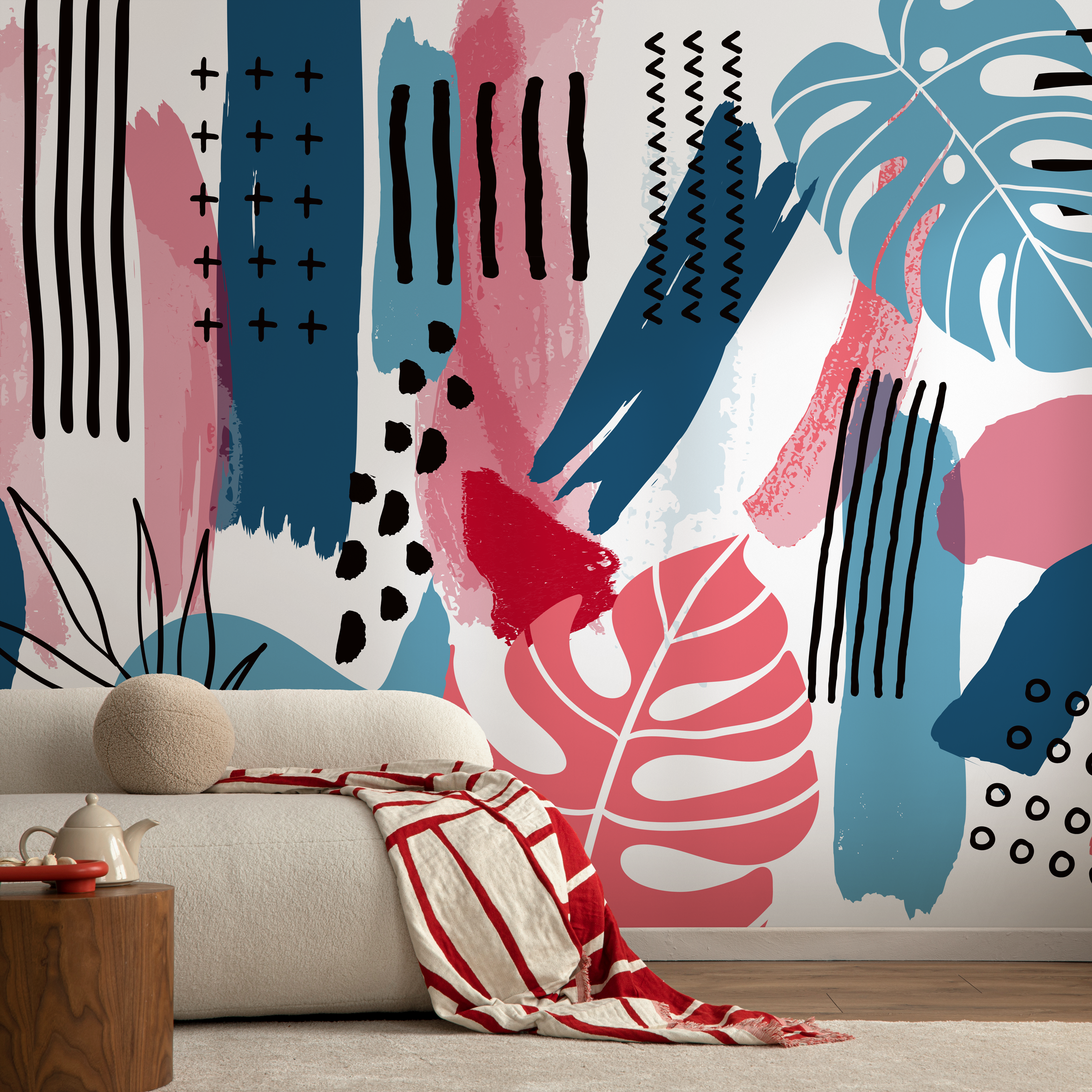 Abstract Wallpaper With Botanical Motifs In Pink, Blue, And Black - B884