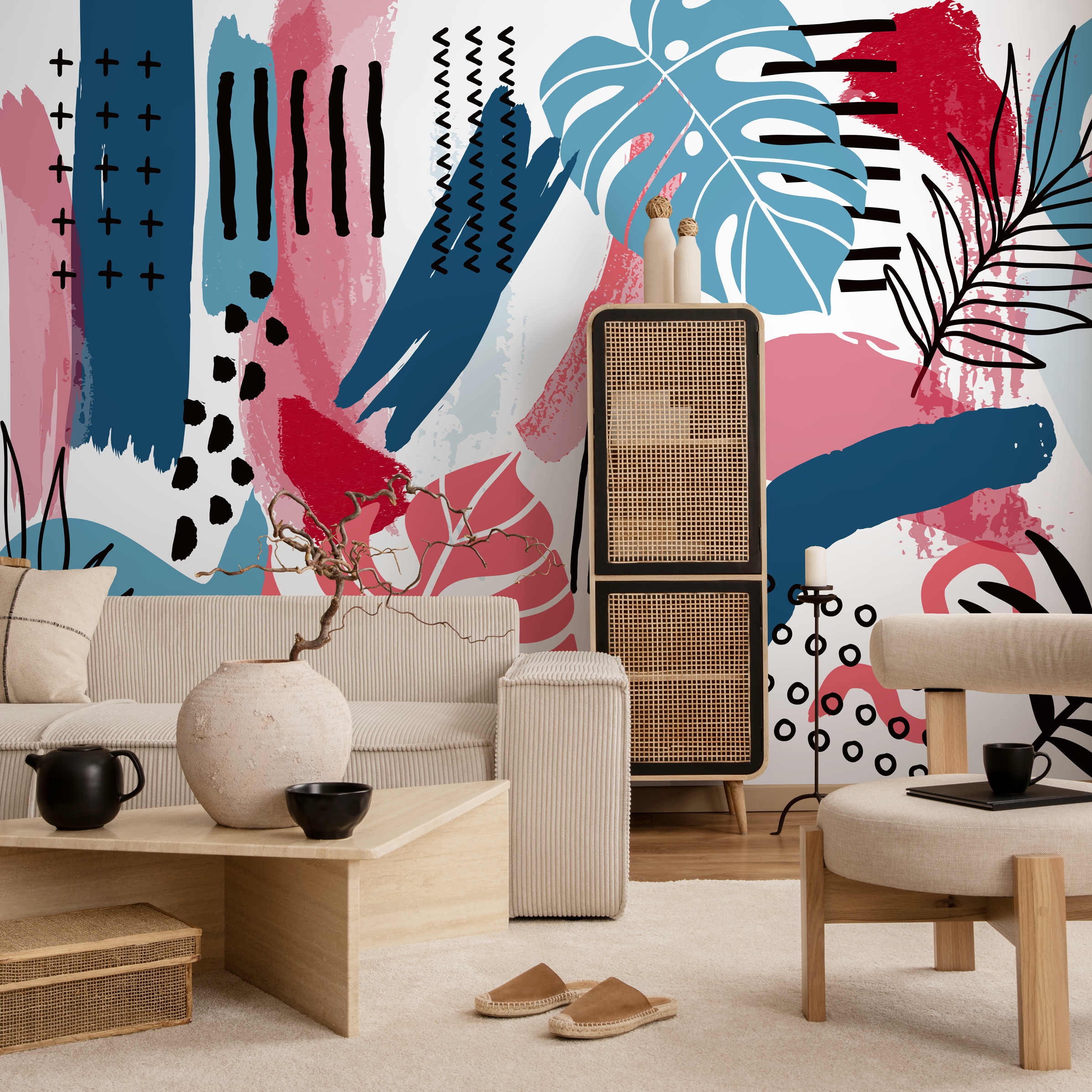 Abstract Wallpaper With Botanical Motifs In Pink, Blue, And Black - B884