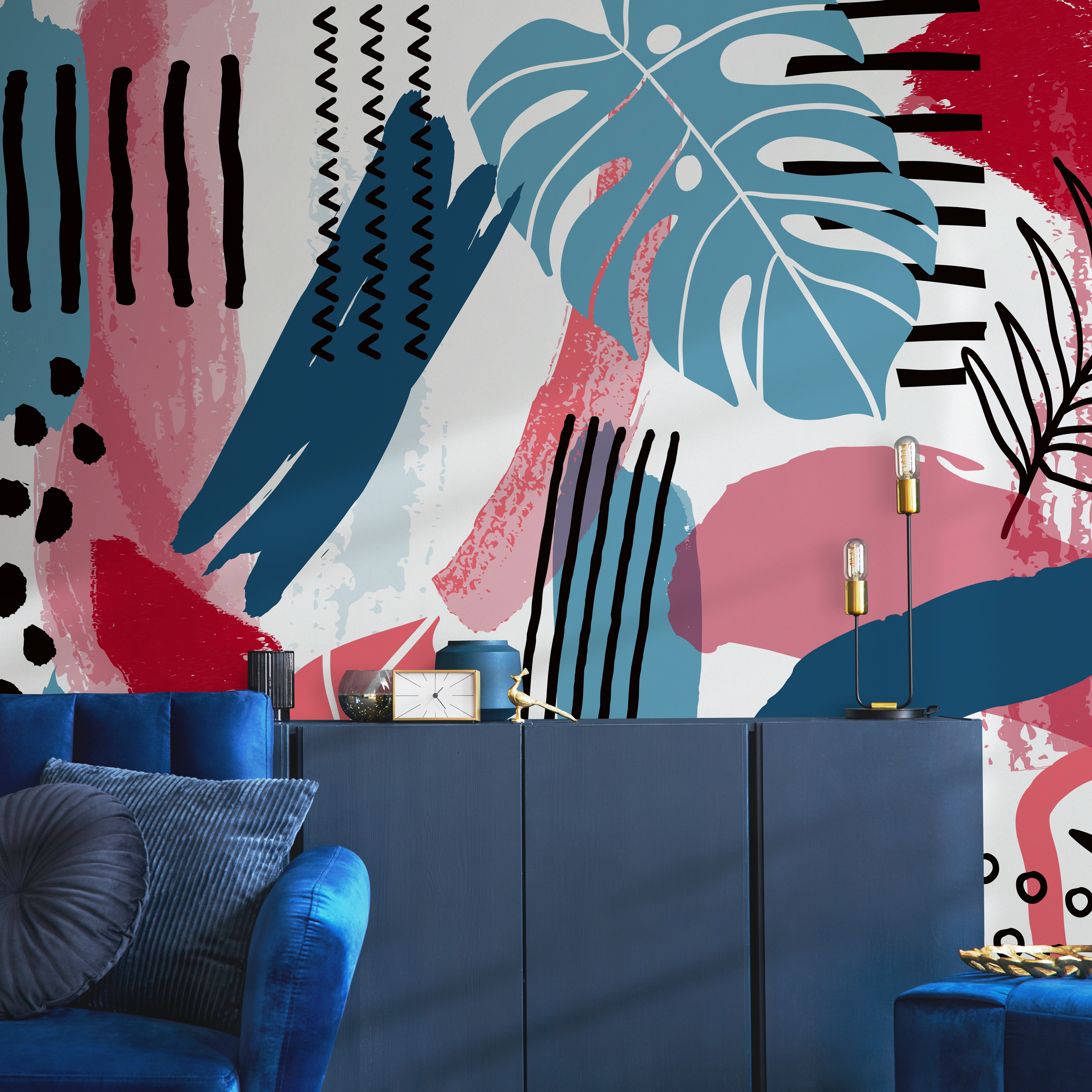 Abstract Wallpaper With Botanical Motifs In Pink, Blue, And Black - B884