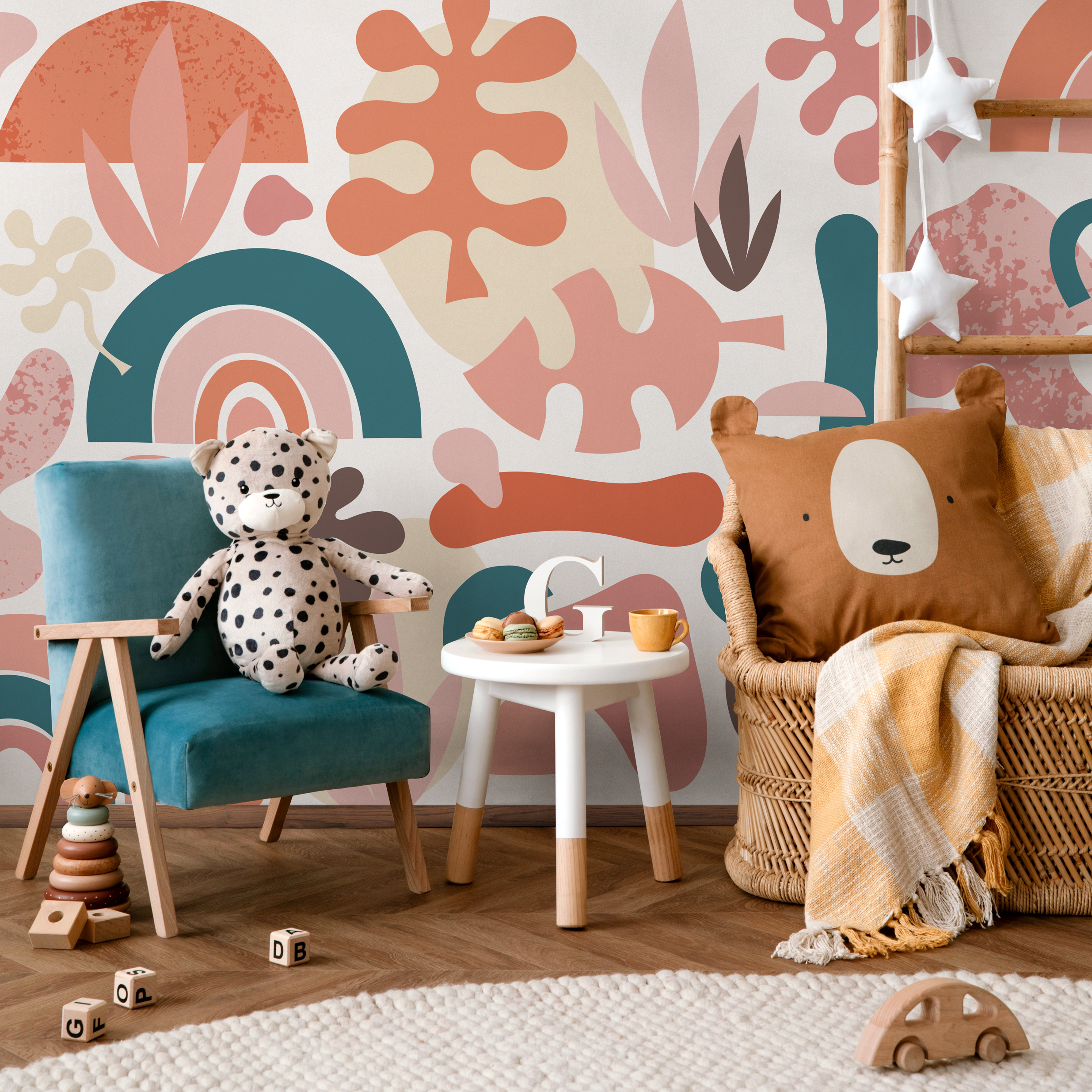 Abstract Wallpaper With Modern Organic Shapes In Rust, Pink, And Teal - B886