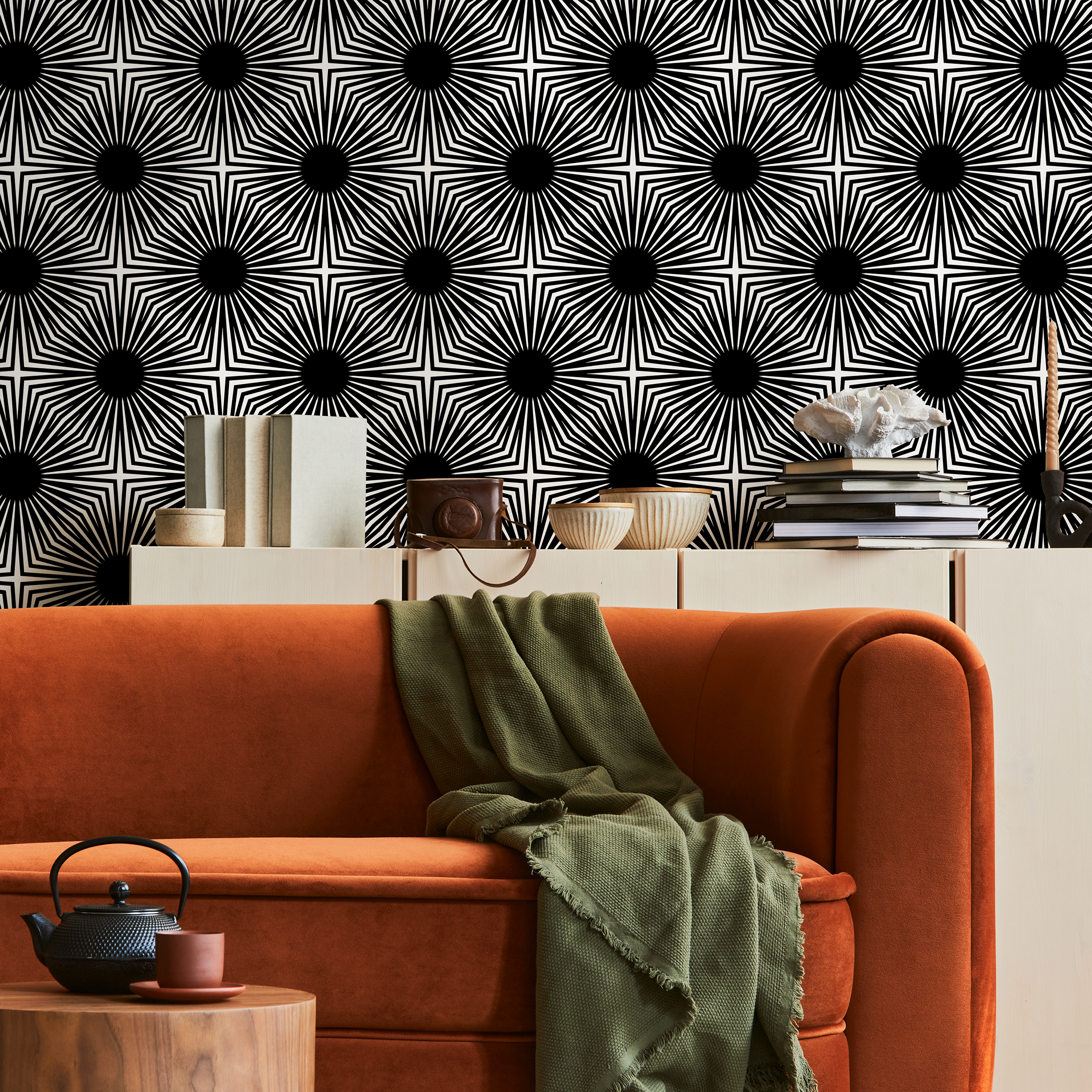 Geometric Wallpaper With A Bold Starburst Motif In Black And White - B887