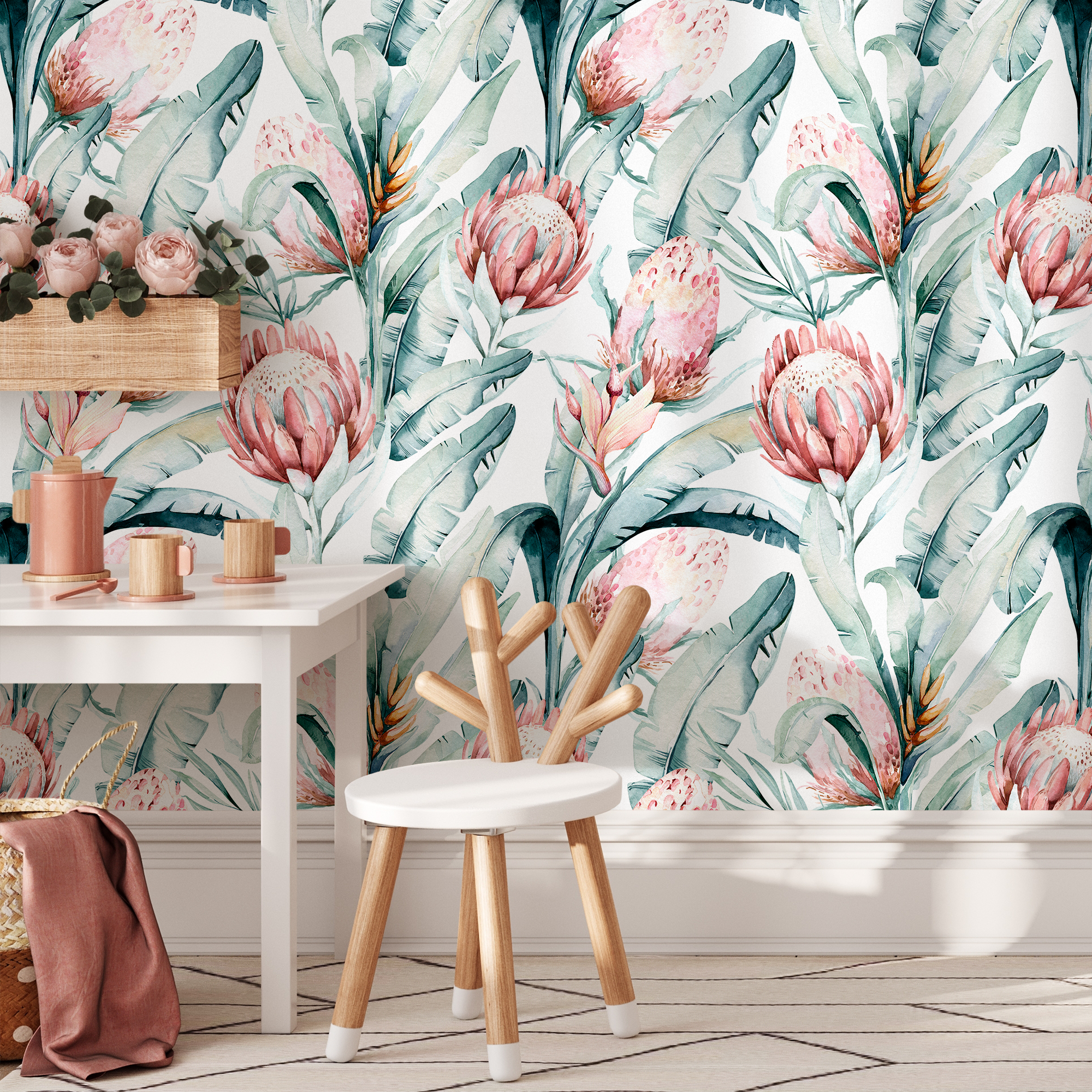 Botanical Wallpaper With Watercolor Protea Flowers In Pink And Green - B890