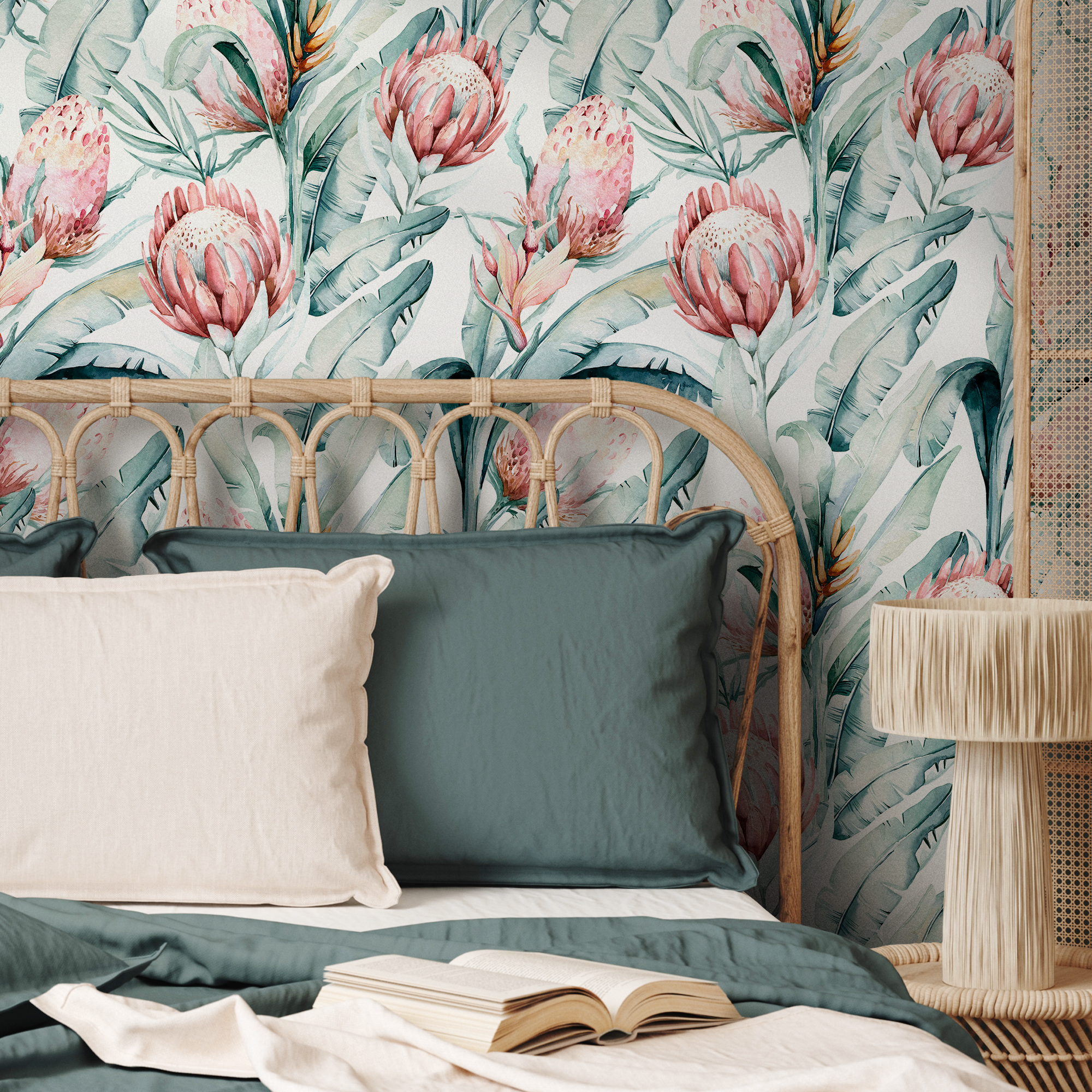 Botanical Wallpaper With Watercolor Protea Flowers In Pink And Green - B890