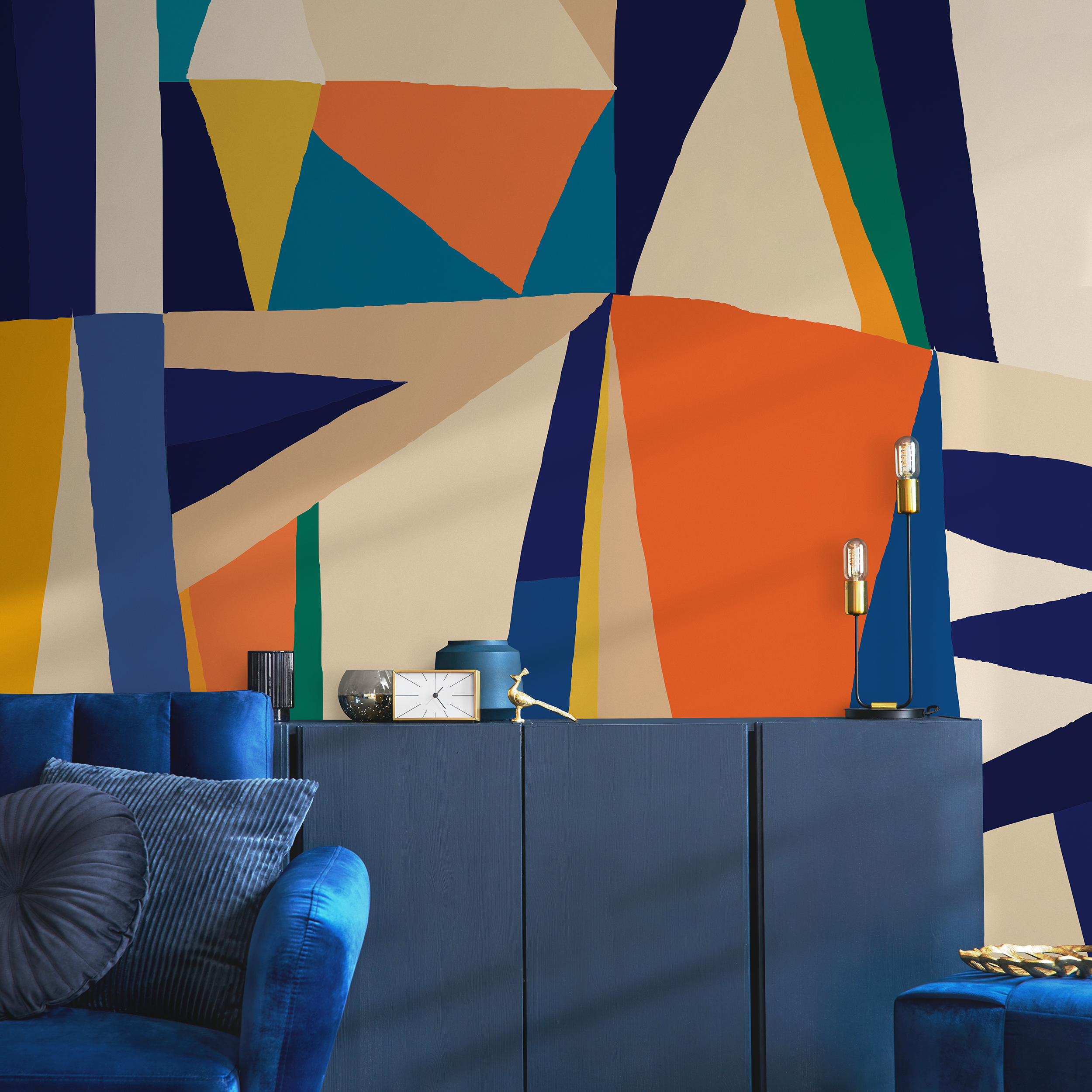 Abstract Wallpaper With Bold Geometric Shapes In Blue, Orange, And Yellow - B891