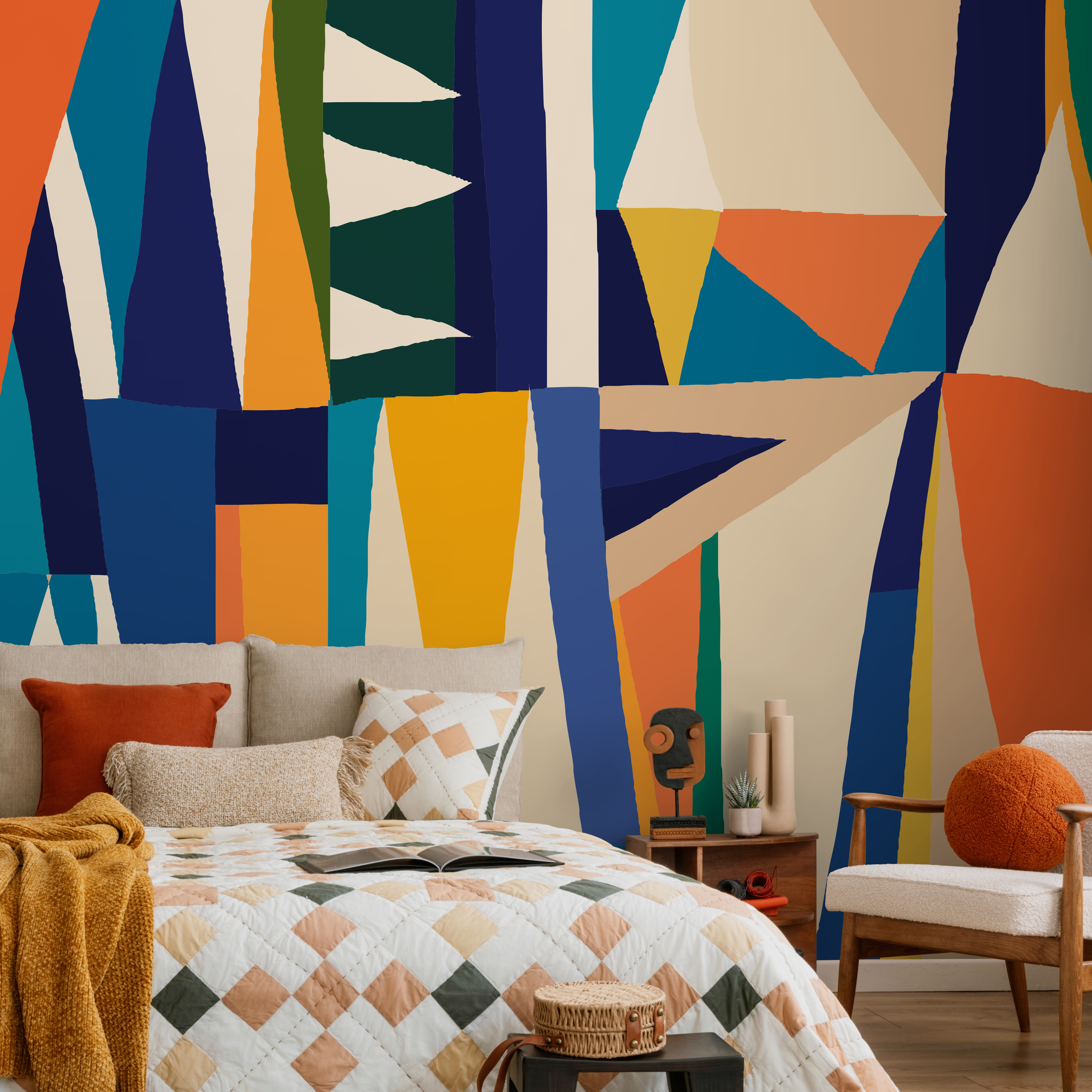 Abstract Wallpaper With Bold Geometric Shapes In Blue, Orange, And Yellow - B891