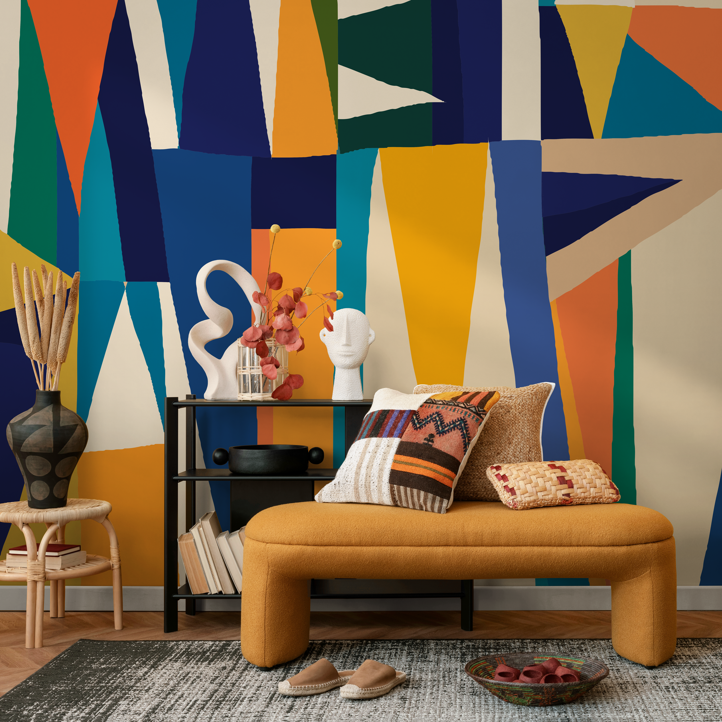 Abstract Wallpaper With Bold Geometric Shapes In Blue, Orange, And Yellow - B891