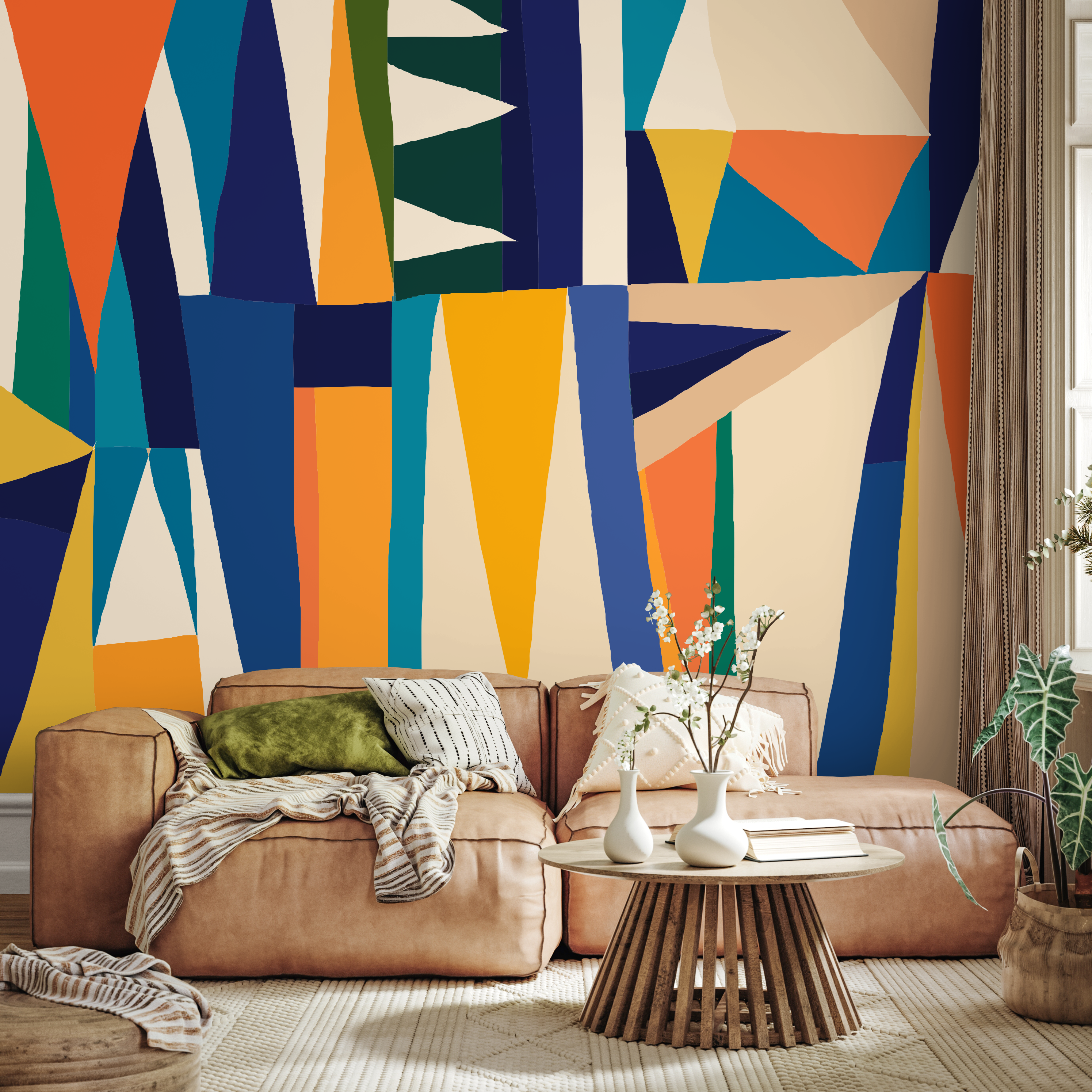 Abstract Wallpaper With Bold Geometric Shapes In Blue, Orange, And Yellow - B891