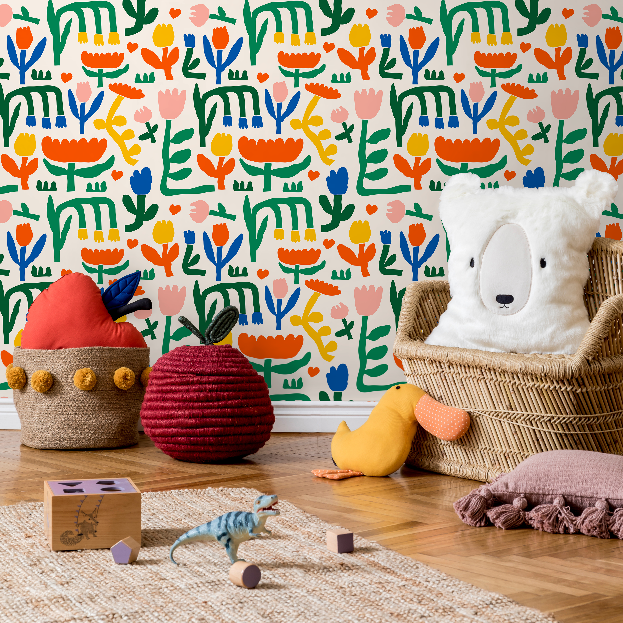 Kids Wallpaper With Abstract Floral Shapes In Green, Orange, And Blue - B895