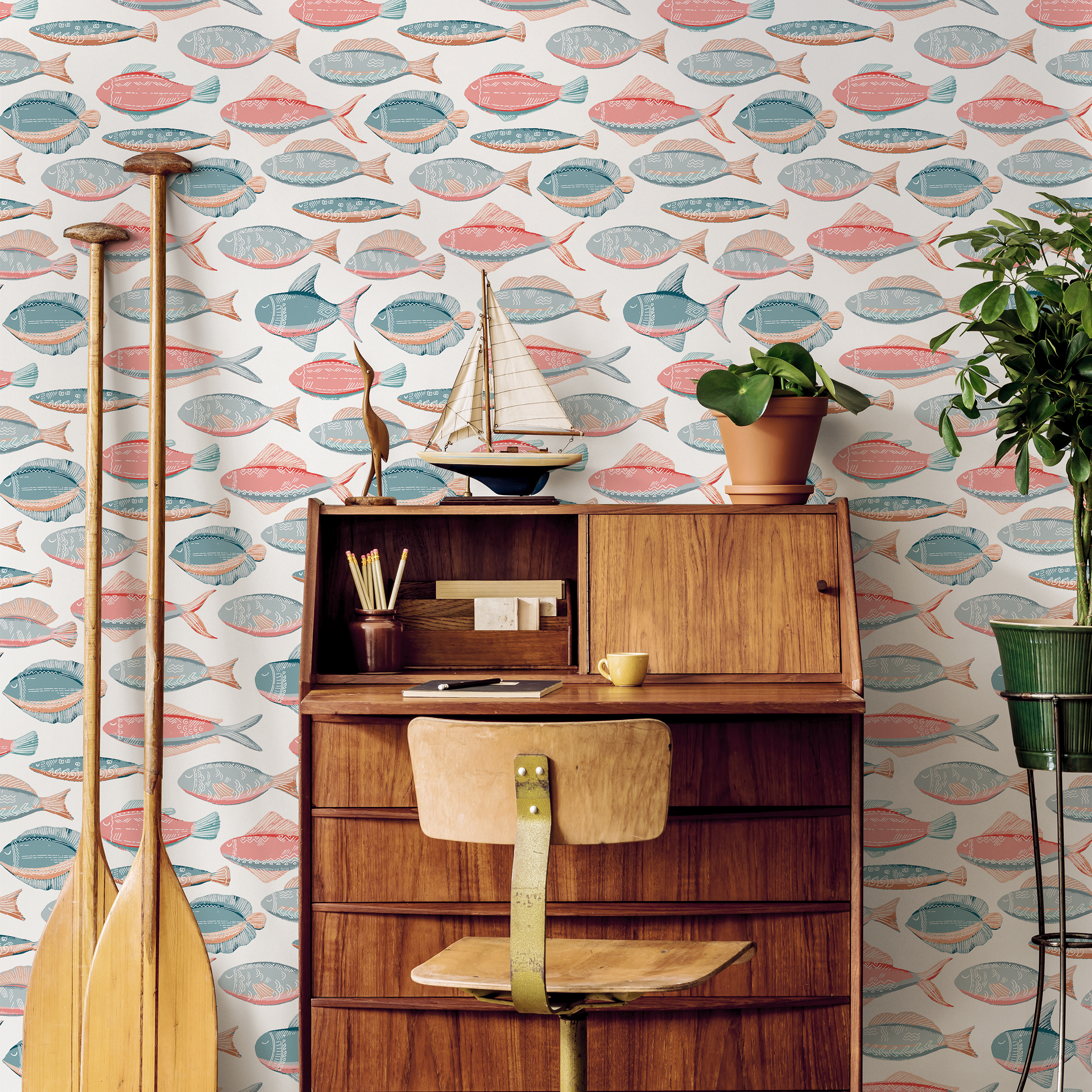 Coastal Wallpaper With A Folk Art Fish Motif In Coral, Blue, And Grey - B901