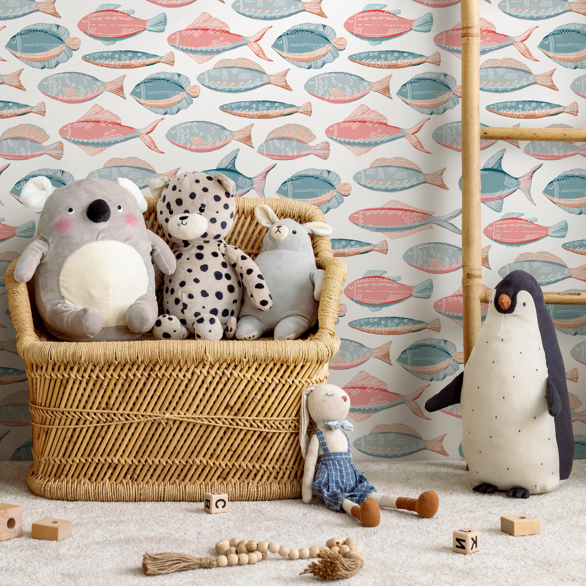 Coastal Wallpaper With A Folk Art Fish Motif In Coral, Blue, And Grey - B901