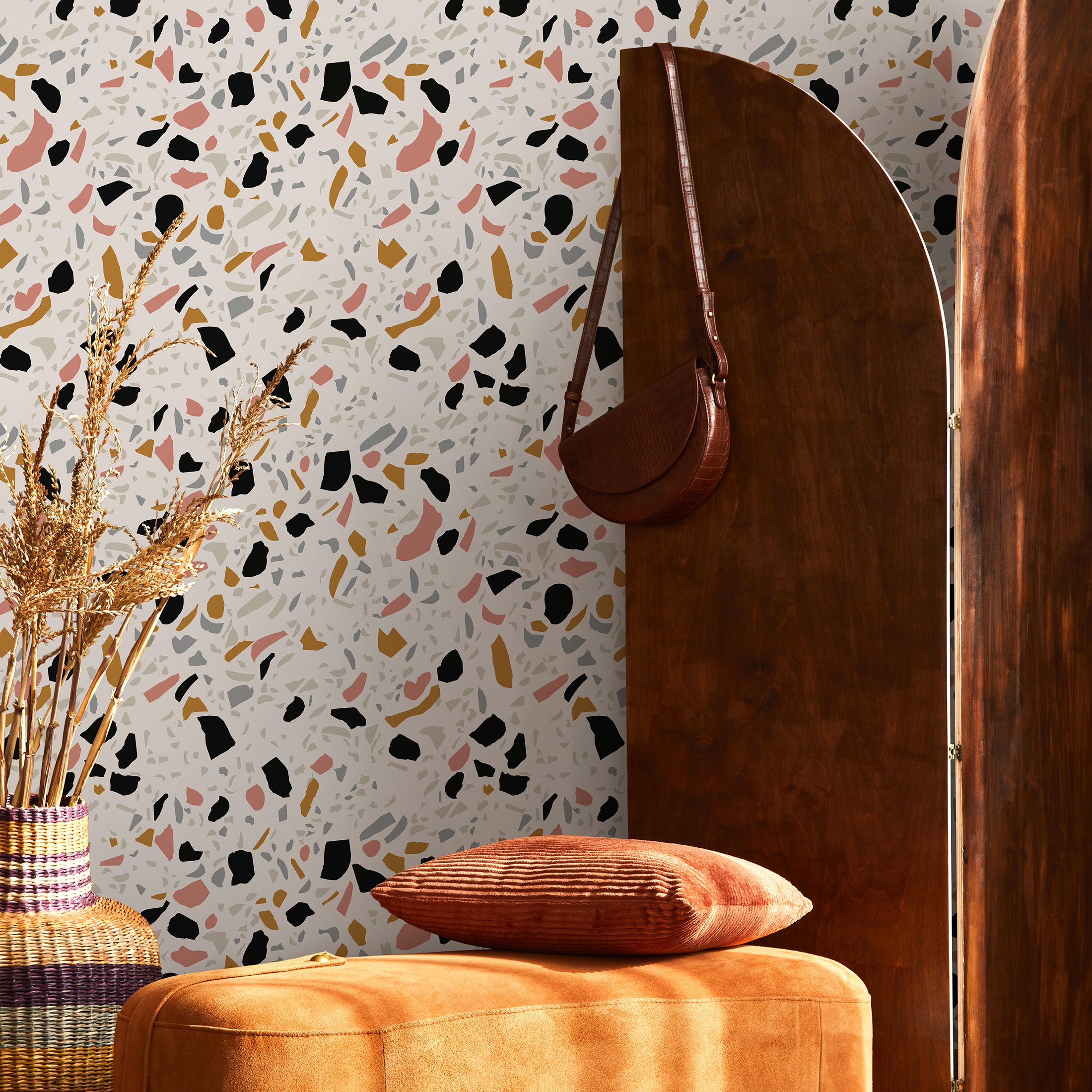 Terrazzo Wallpaper With A Modern Mosaic In Black, Pink, And Ochre - B904