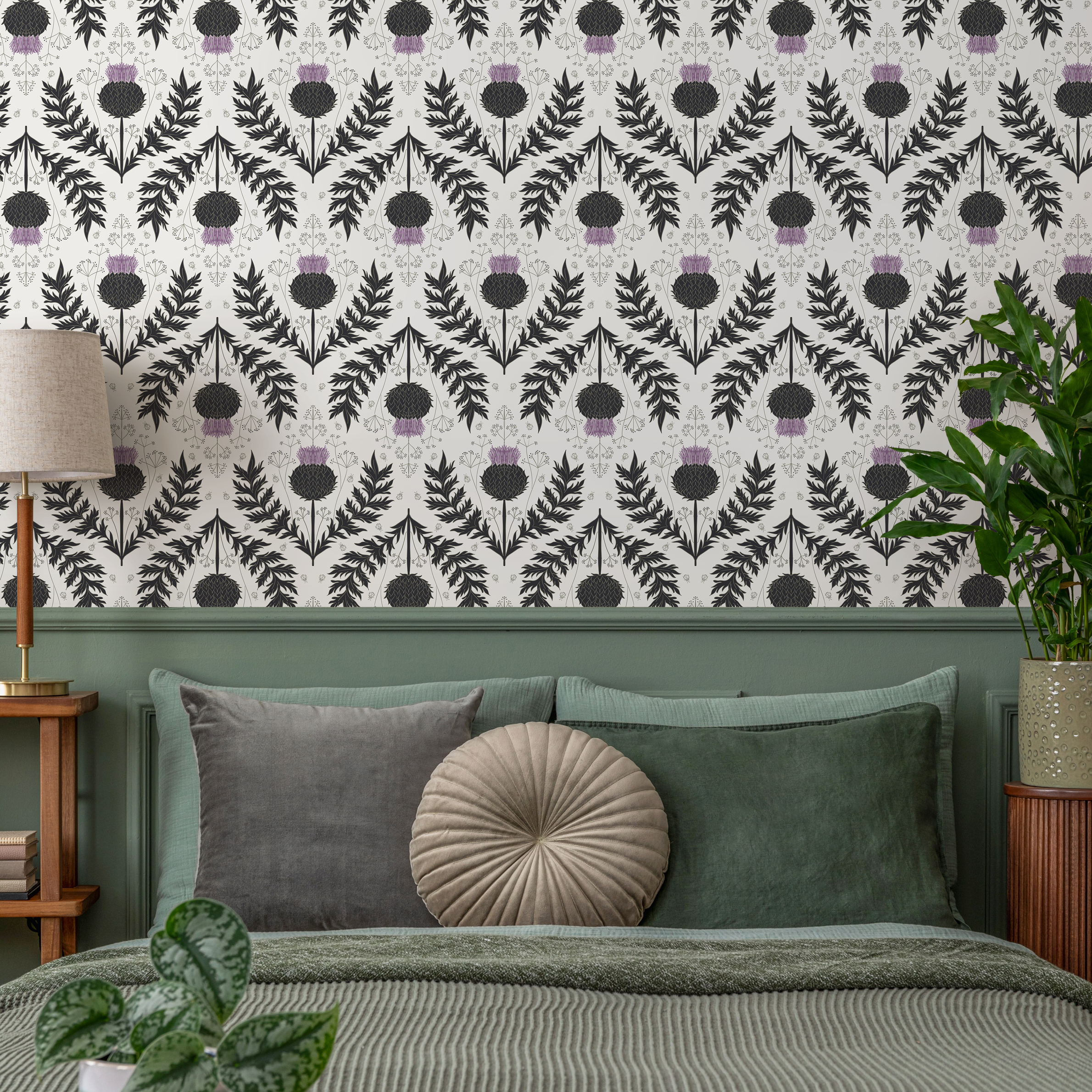 Botanical Wallpaper With A Scottish Thistle Motif In Black, Purple, And Gray - B905