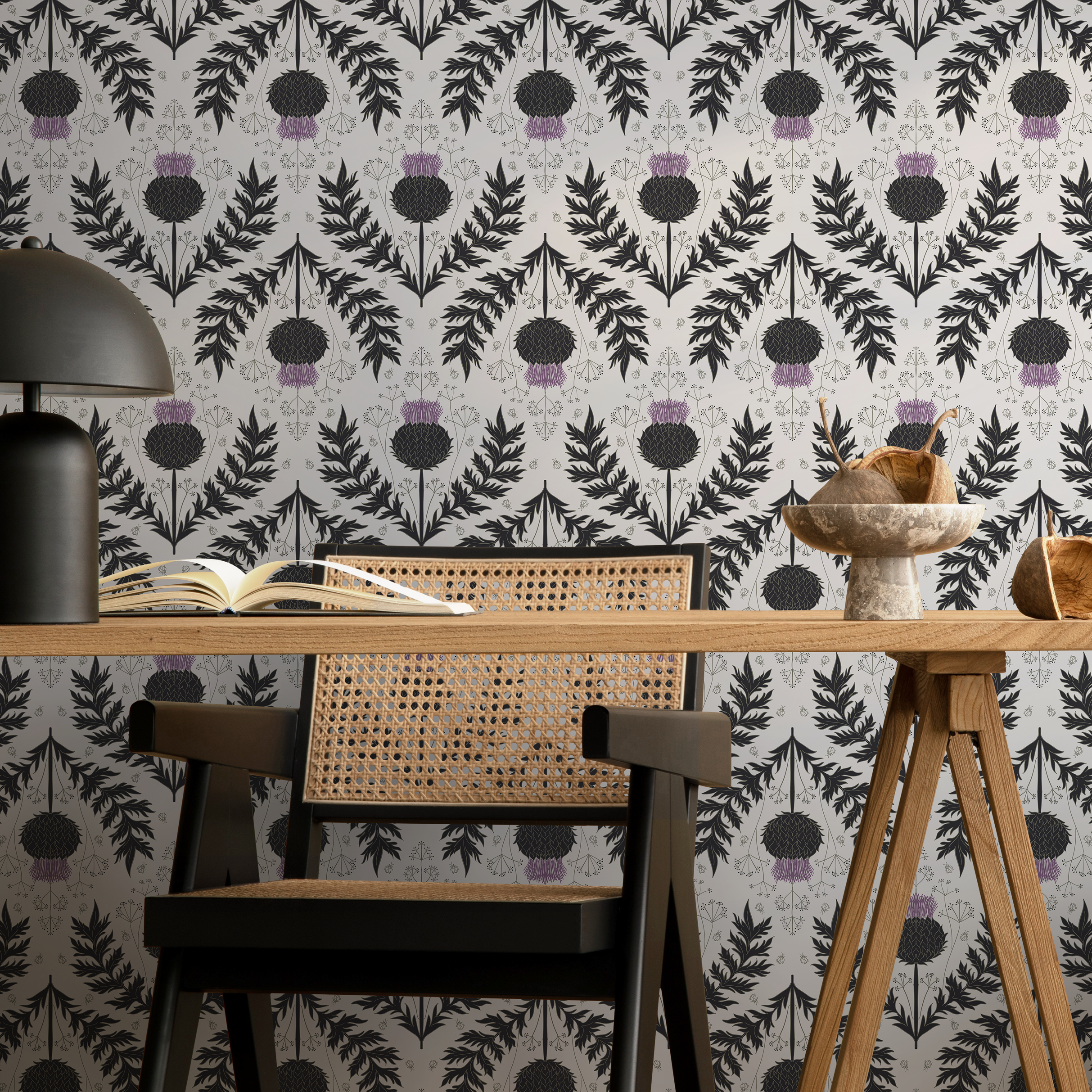 Botanical Wallpaper With A Scottish Thistle Motif In Black, Purple, And Gray - B905