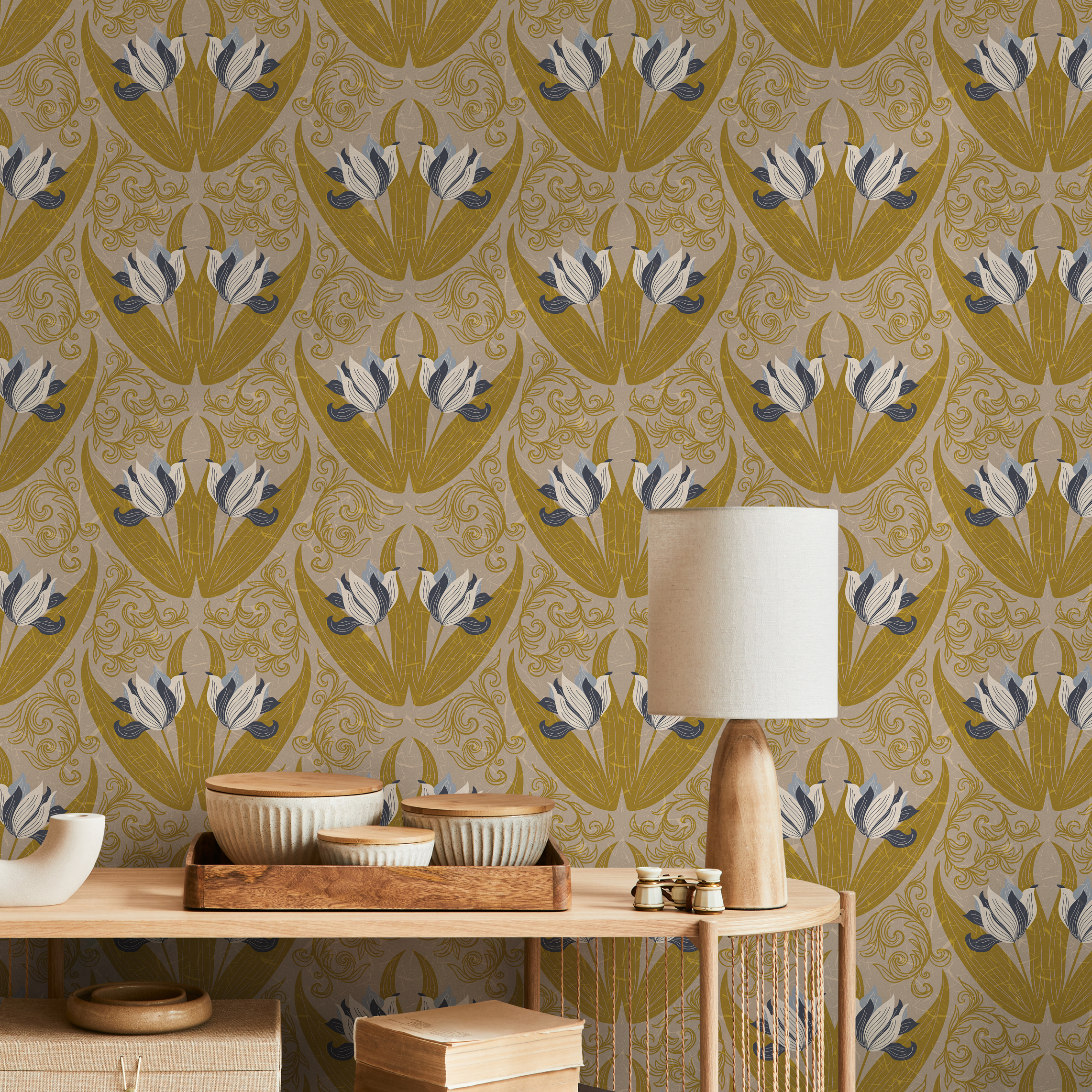 Art Nouveau Wallpaper With A Stylized Tulip Damask In Ochre, Blue, And Taupe - B906