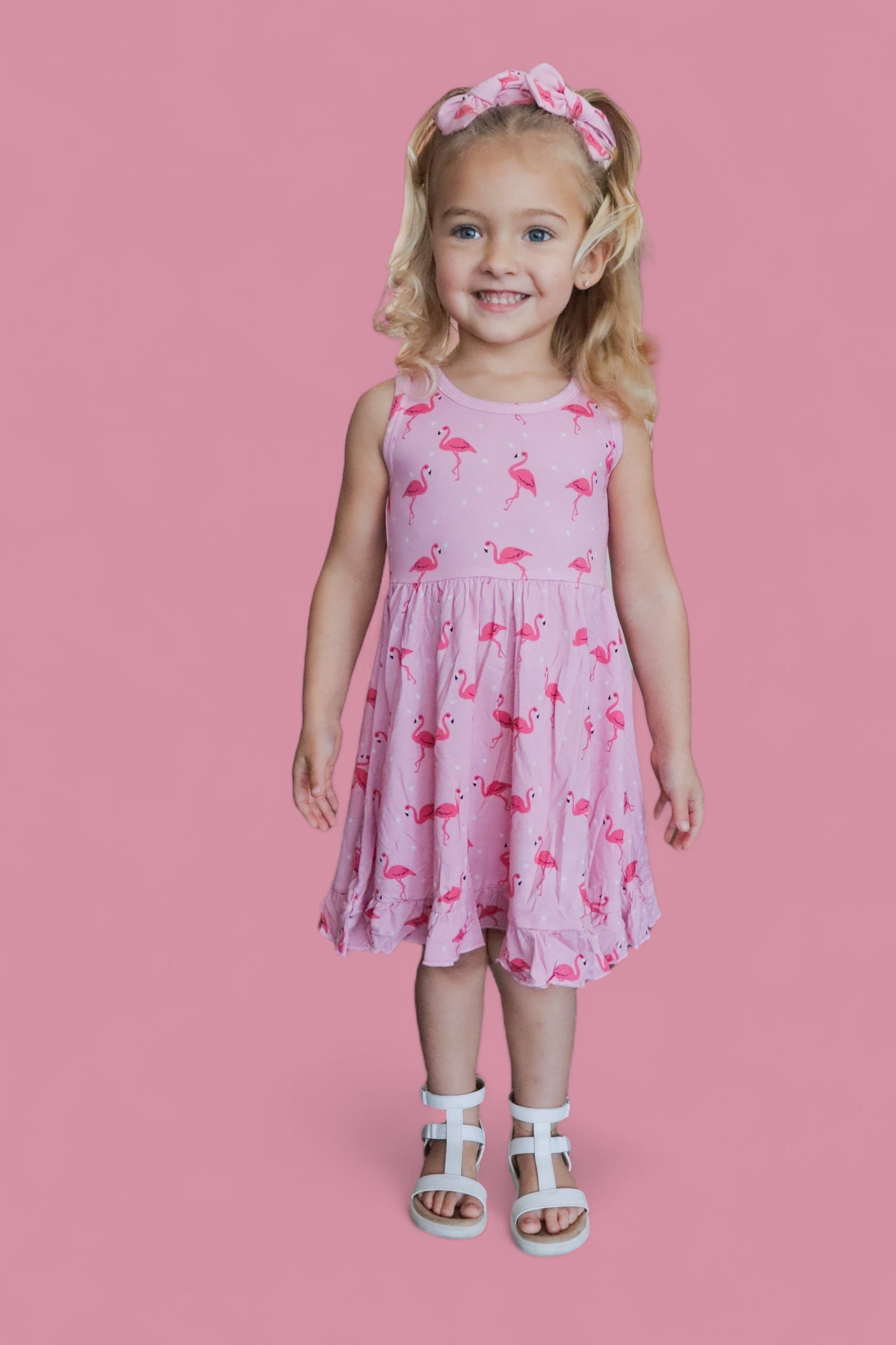 Flocking Flamingos Sleeveless Dream Ruffle Dress