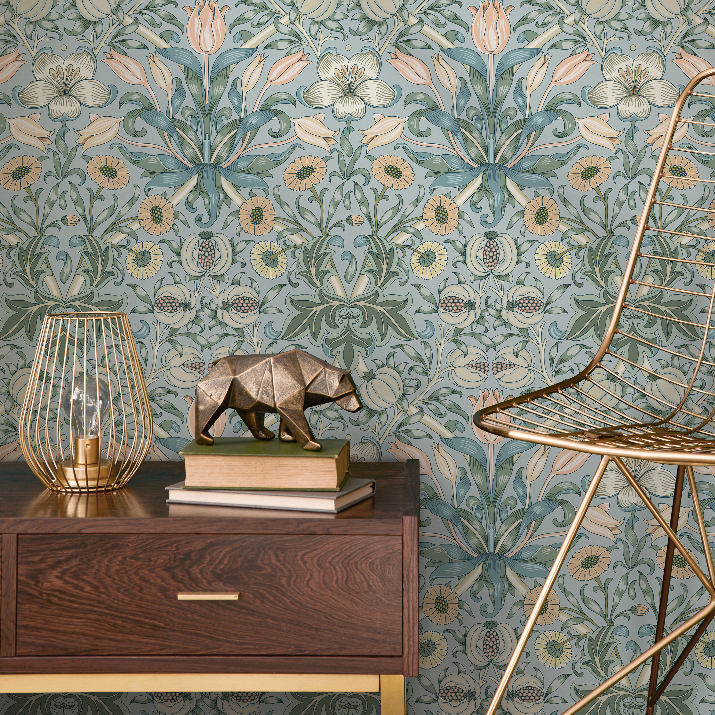 Art Nouveau Wallpaper With A Floral And Fruit Motif In Blue, Green, And Peach - B908