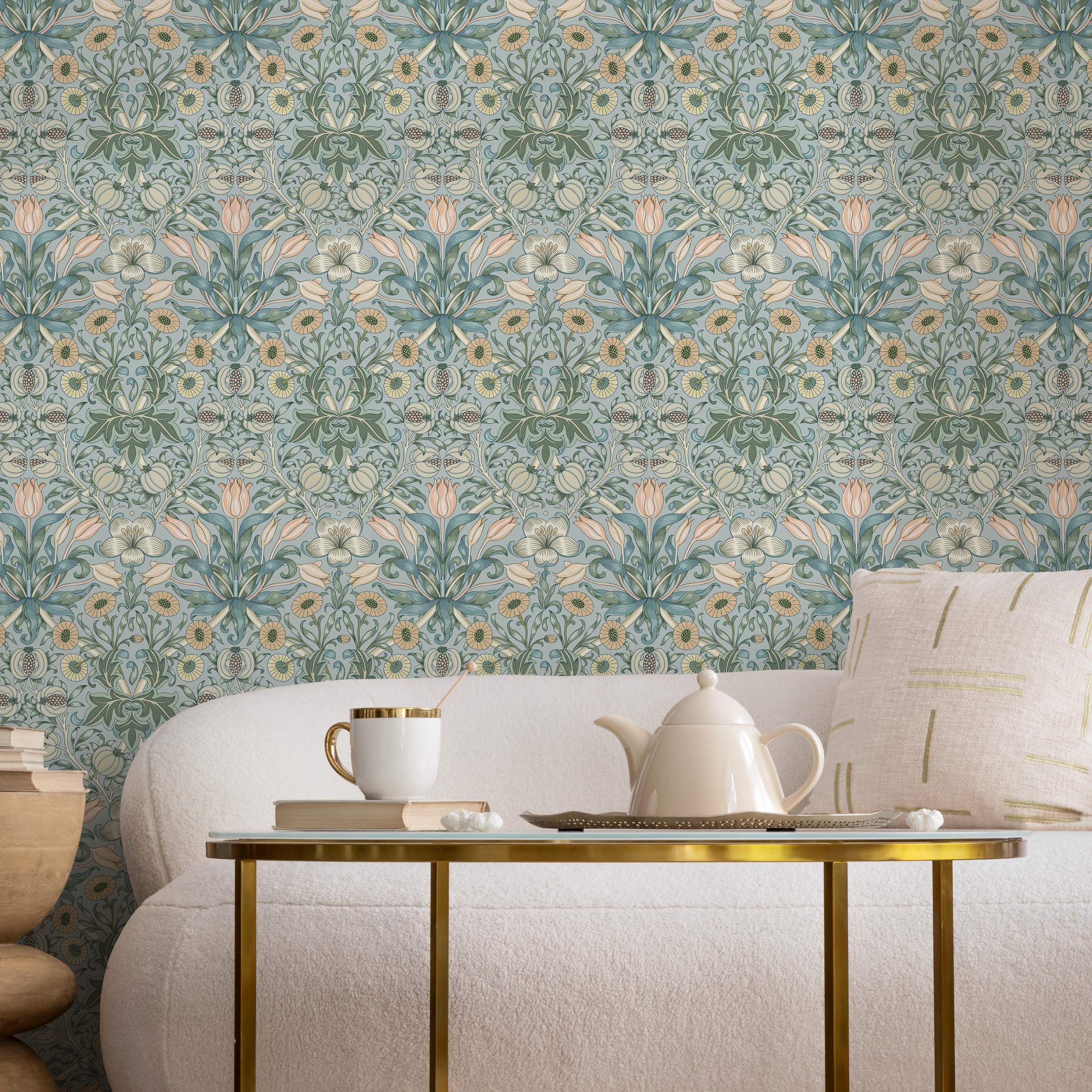 Art Nouveau Wallpaper With A Floral And Fruit Motif In Blue, Green, And Peach - B908