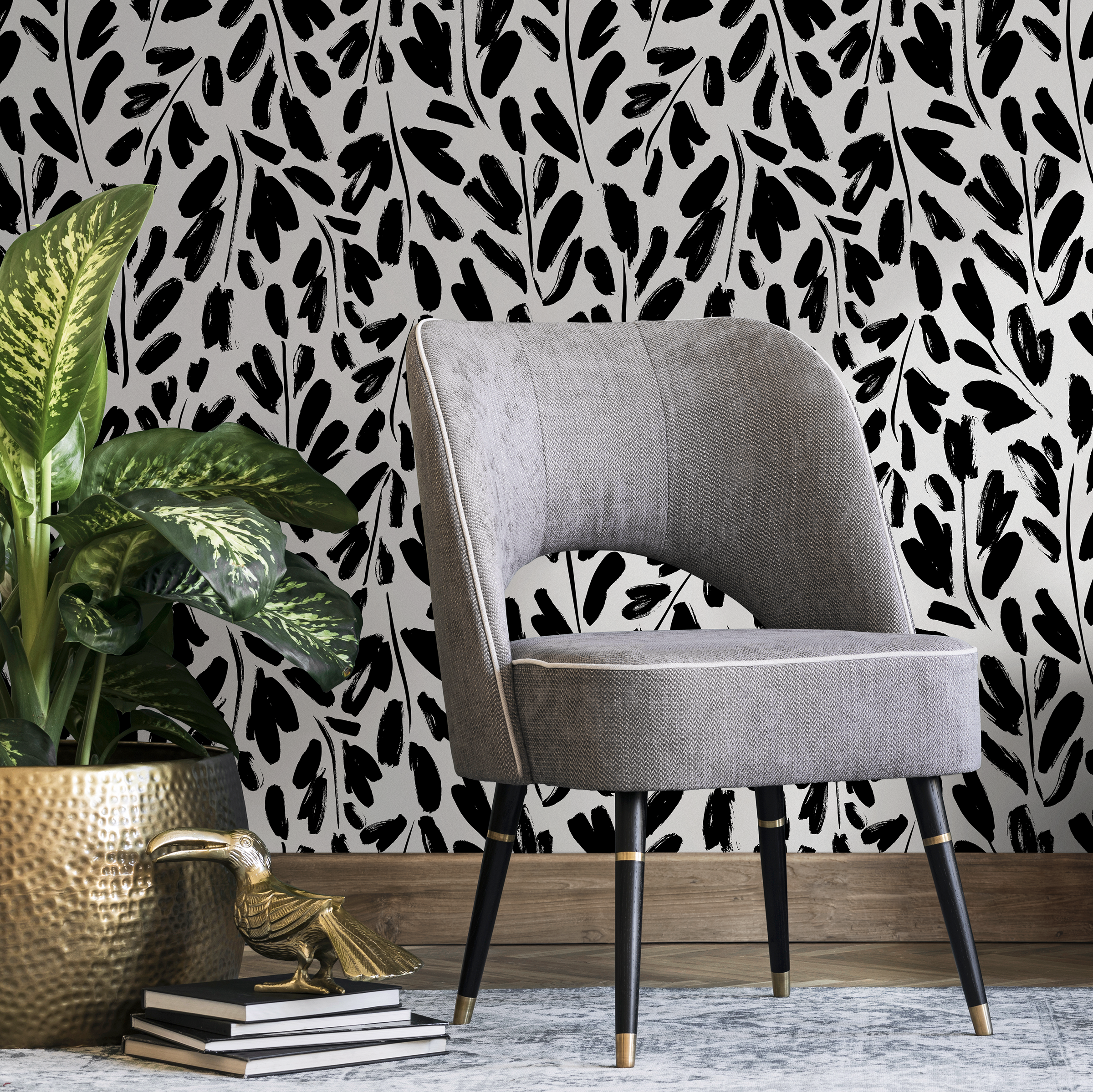Abstract Wallpaper With Painted Leafy Brushstrokes In Black And White - B910