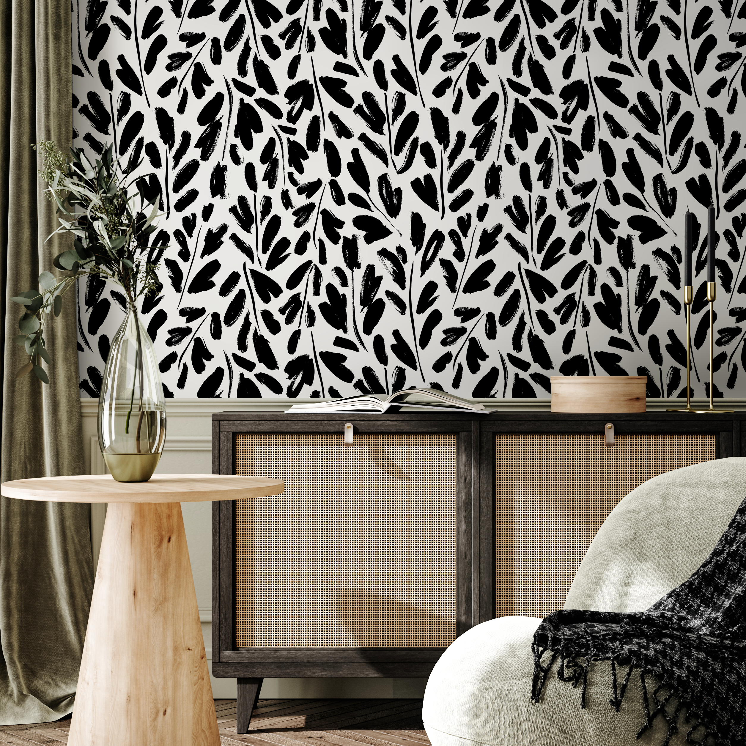 Abstract Wallpaper With Painted Leafy Brushstrokes In Black And White - B910