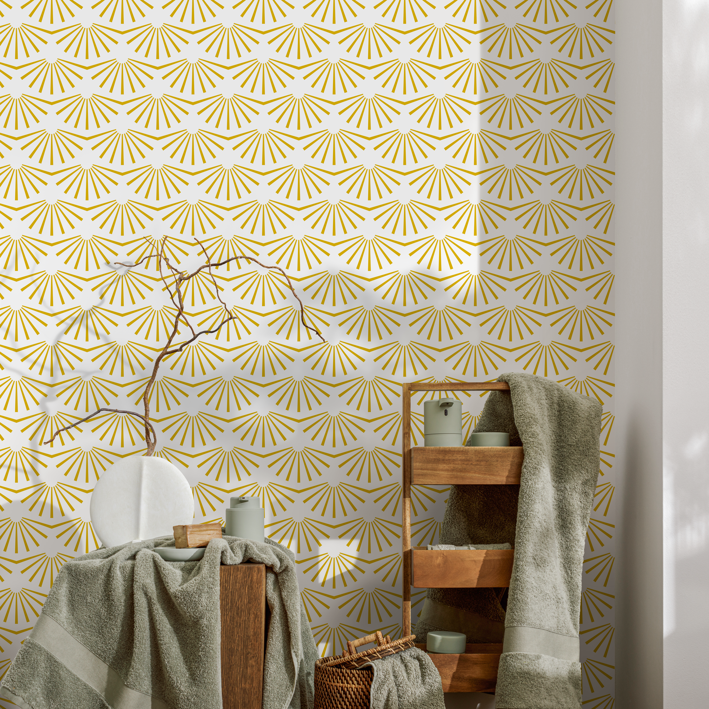 Art Deco Wallpaper With A Geometric Sunburst Motif In Yellow - B911