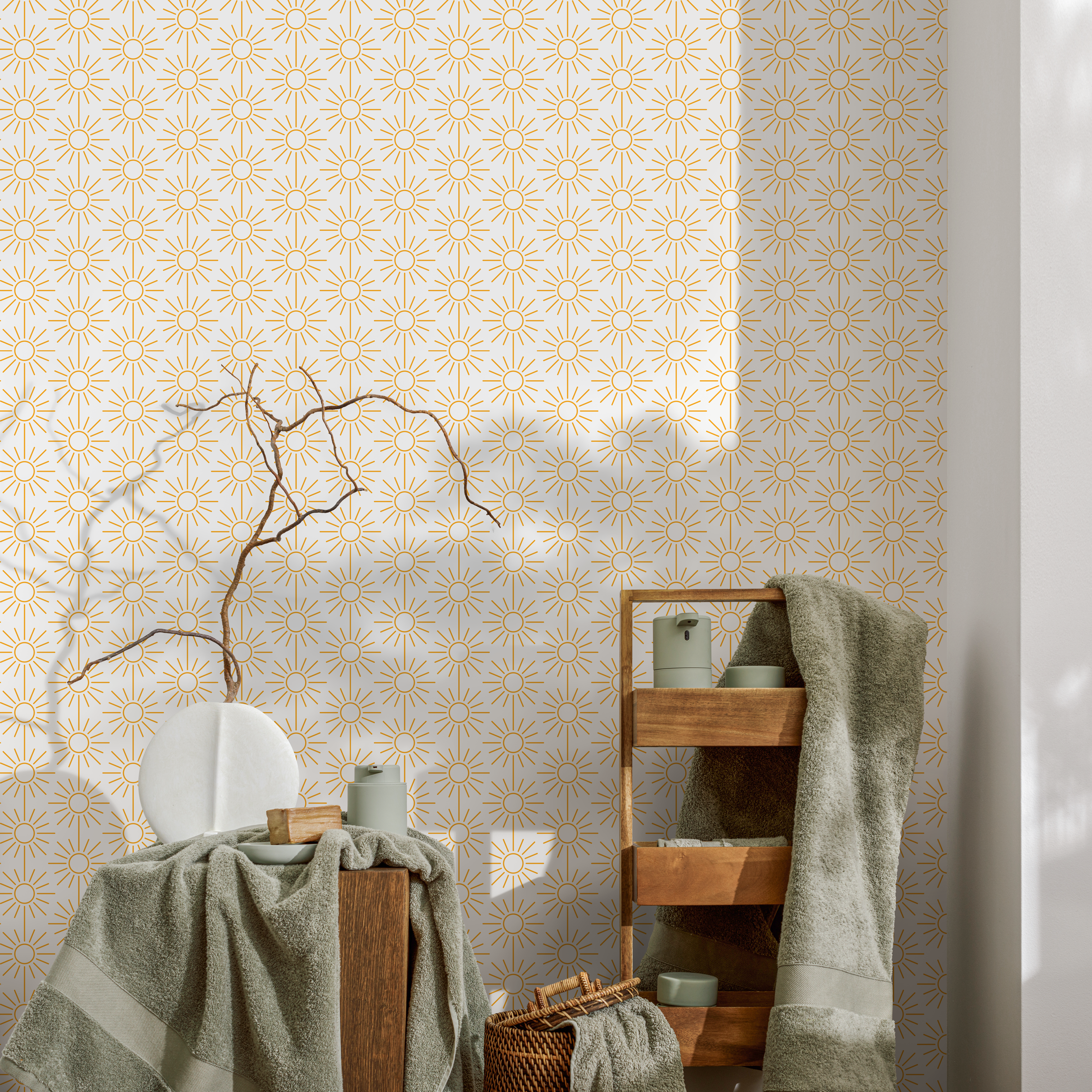 Geometric Wallpaper With A Minimalist Sunburst Motif In Yellow - B914