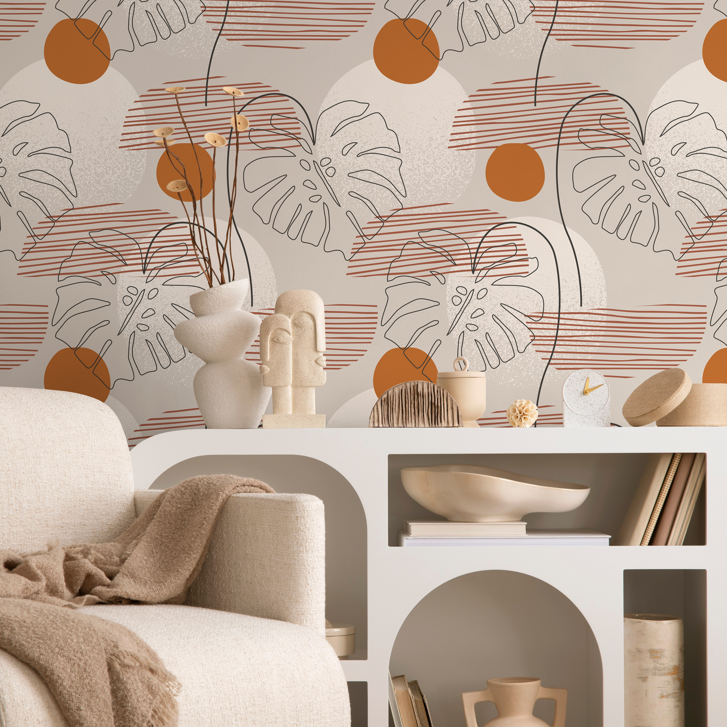 Botanical Wallpaper With Abstract Monstera Leaves In Terracotta And Black - B915