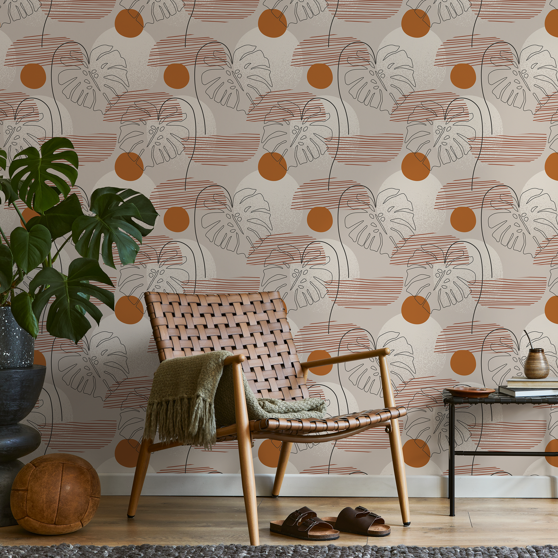 Botanical Wallpaper With Abstract Monstera Leaves In Terracotta And Black - B915