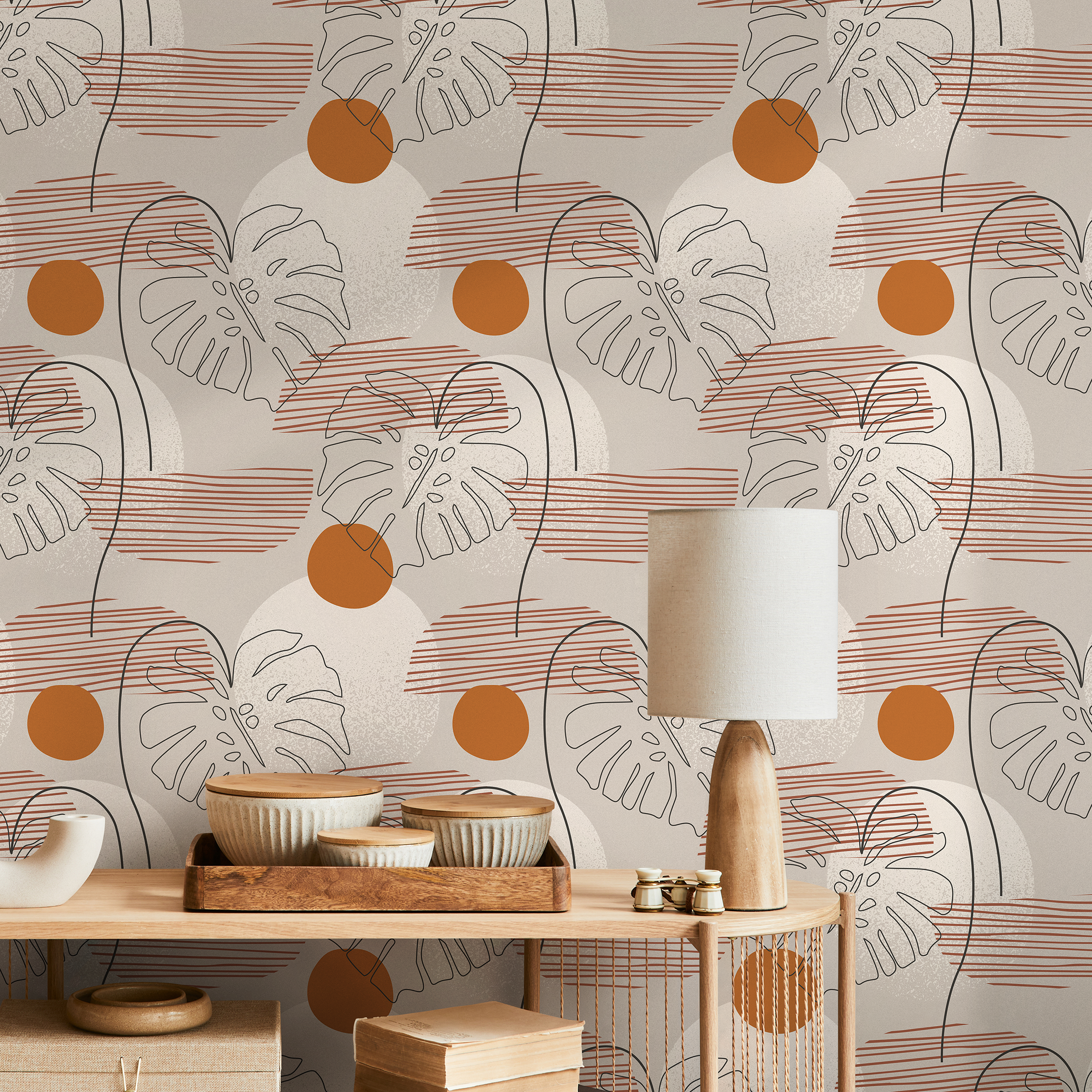 Botanical Wallpaper With Abstract Monstera Leaves In Terracotta And Black - B915