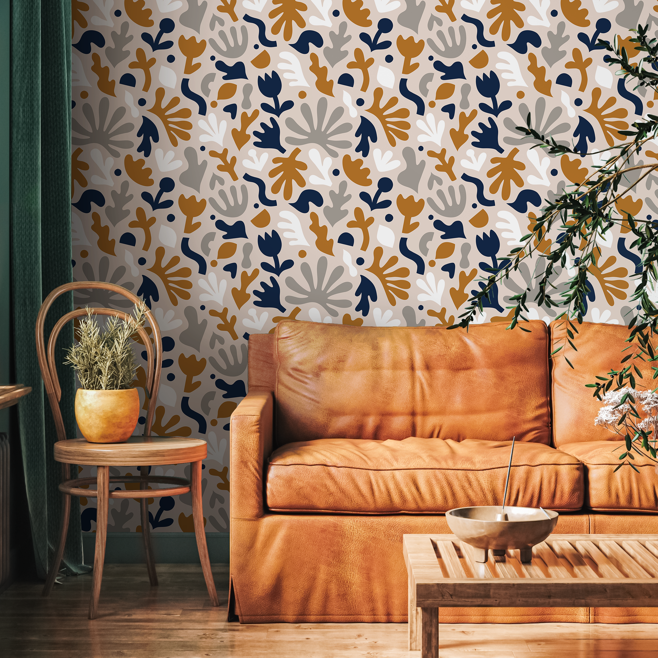 Scandinavian Wallpaper With Abstract Botanicals In Navy, Ochre, And Gray - B916