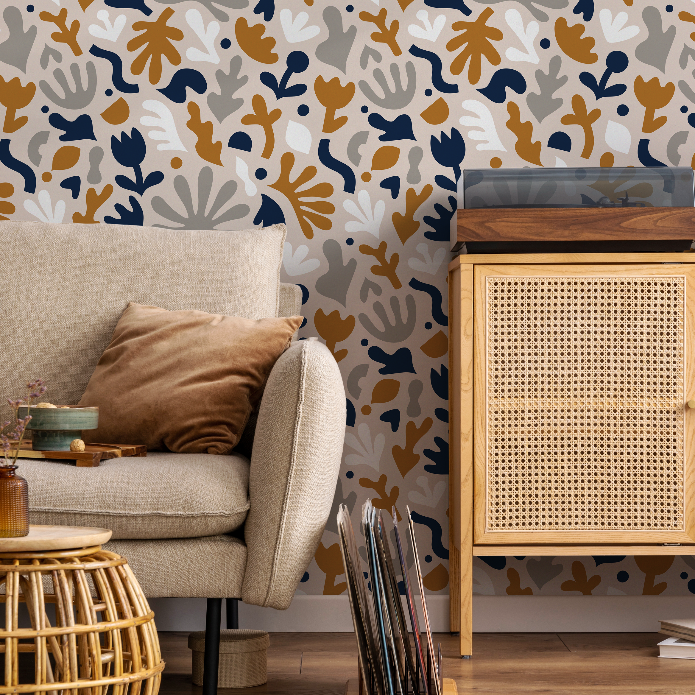 Scandinavian Wallpaper With Abstract Botanicals In Navy, Ochre, And Gray - B916