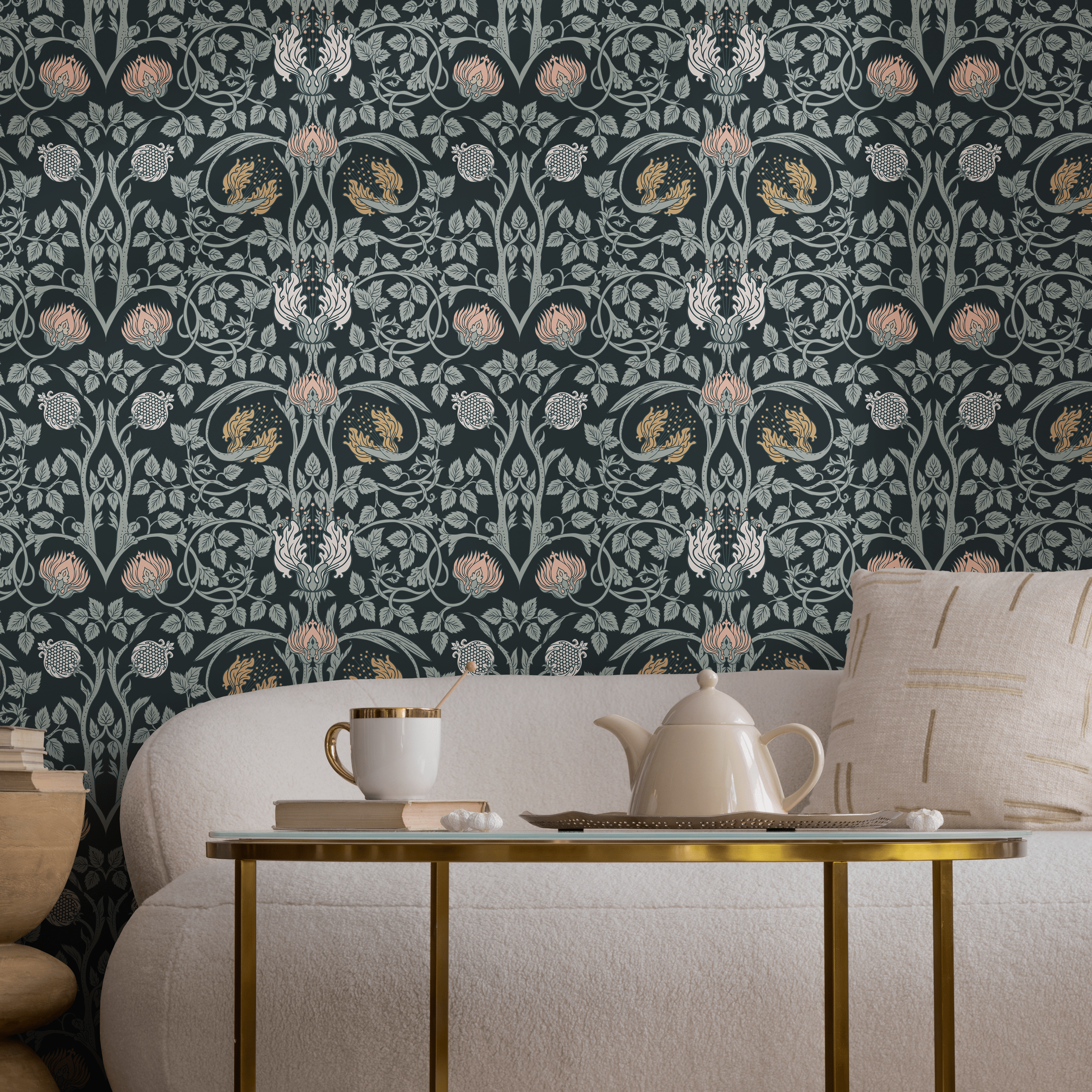 Art Nouveau Wallpaper With A Pomegranate And Floral Motif In Black, Pink, And Gold - B920