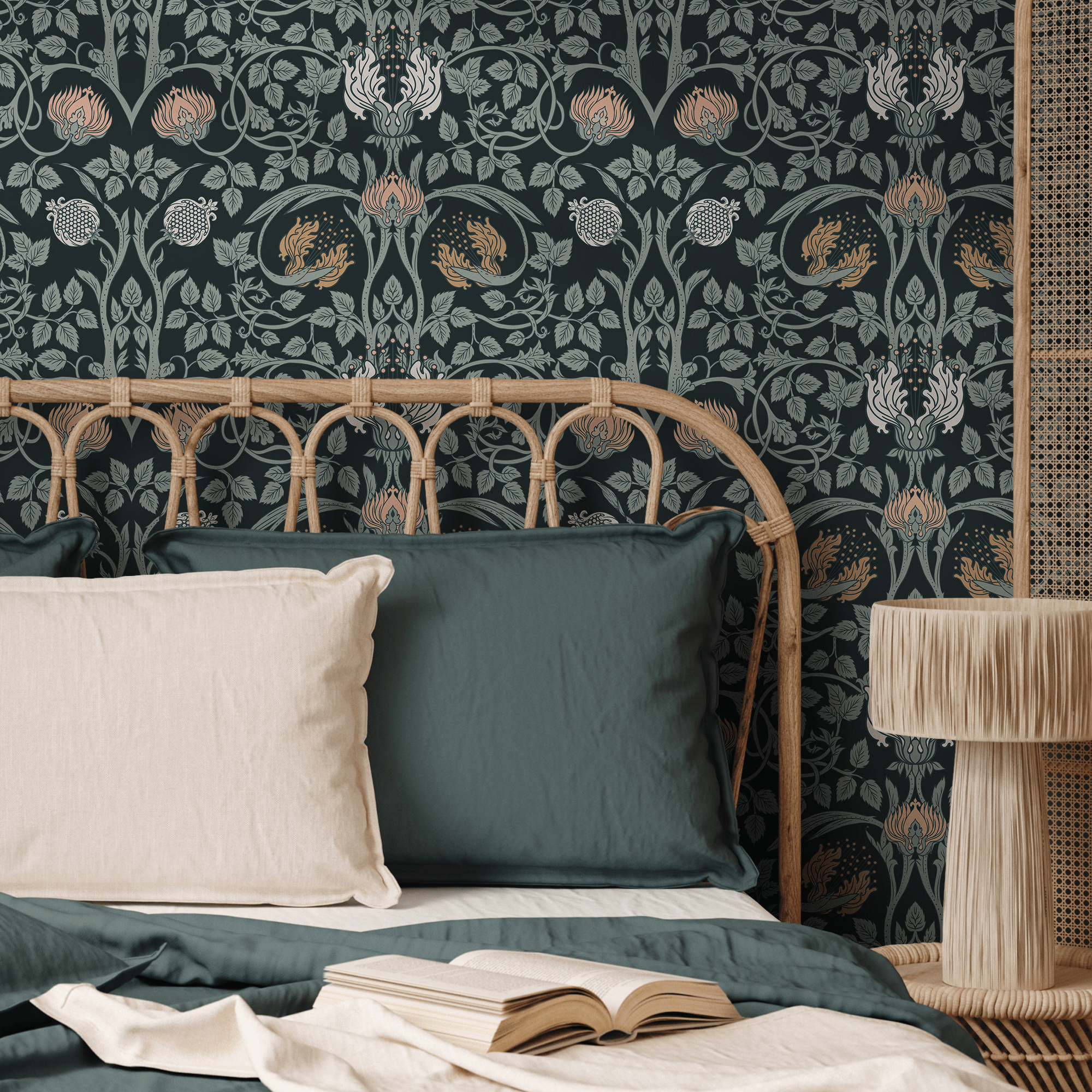 Art Nouveau Wallpaper With A Pomegranate And Floral Motif In Black, Pink, And Gold - B920