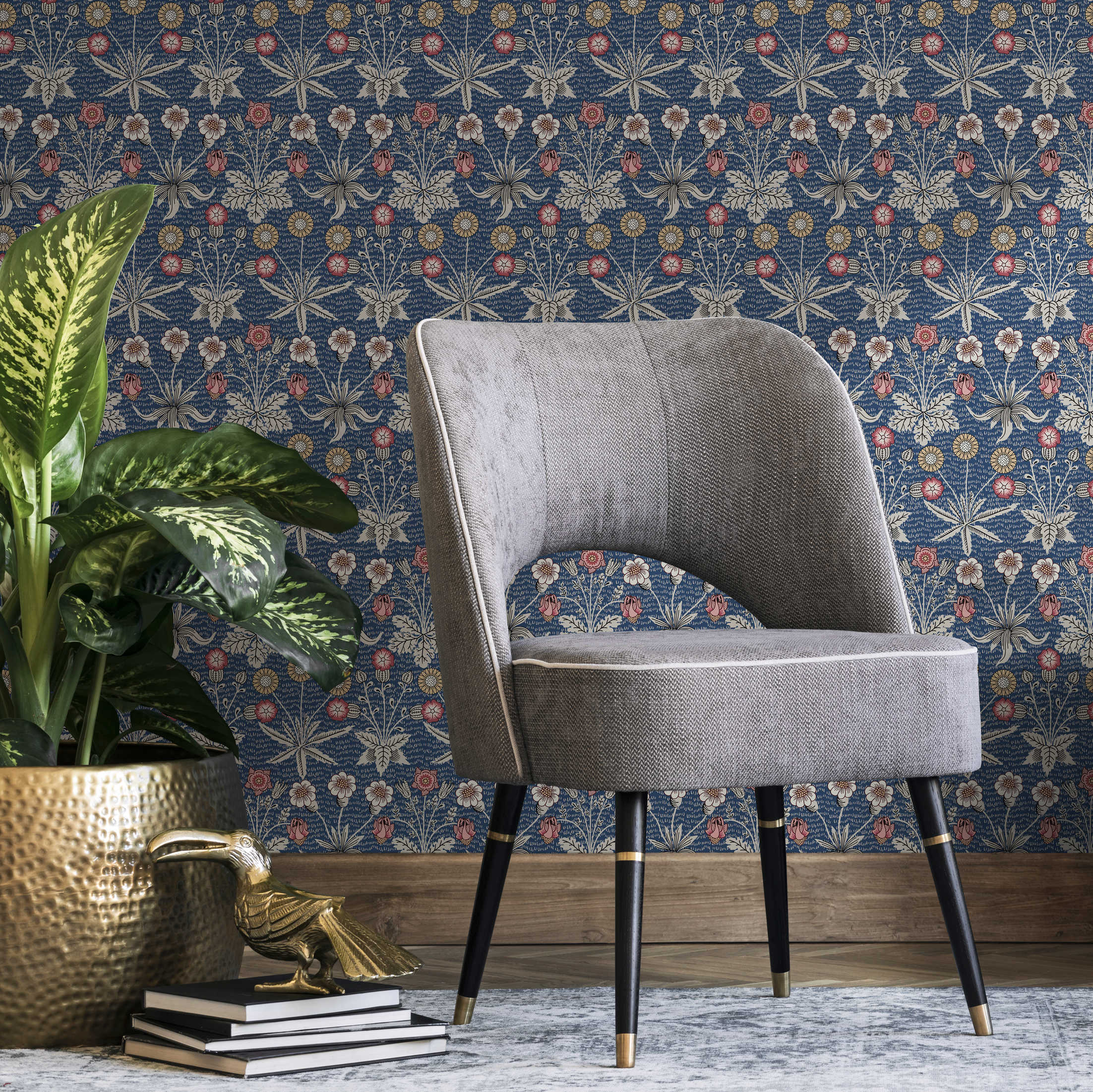 Vintage Floral Wallpaper Featuring Intricate Stylized Flowers In Blue, Red, And Yellow - B922