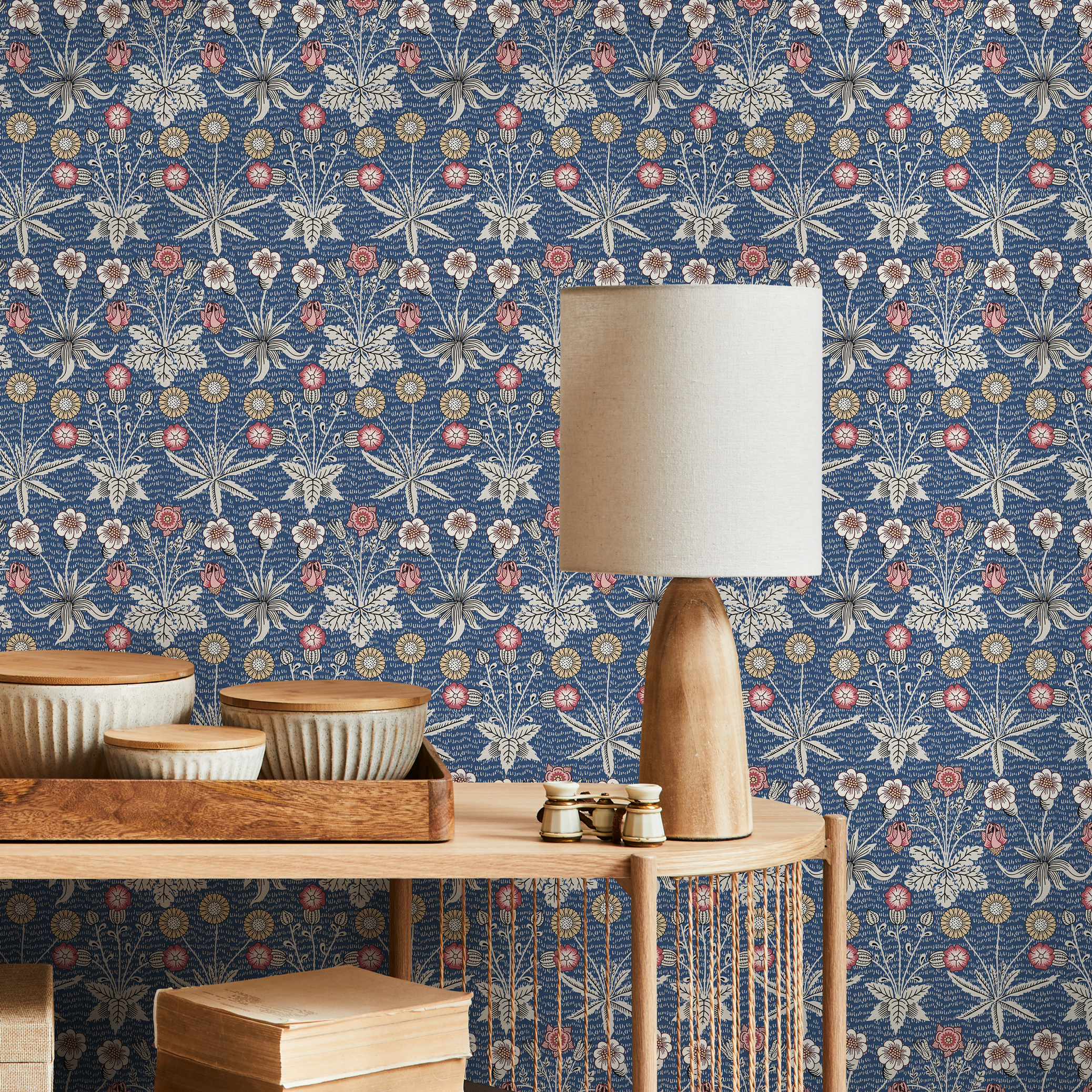 Vintage Floral Wallpaper Featuring Intricate Stylized Flowers In Blue, Red, And Yellow - B922