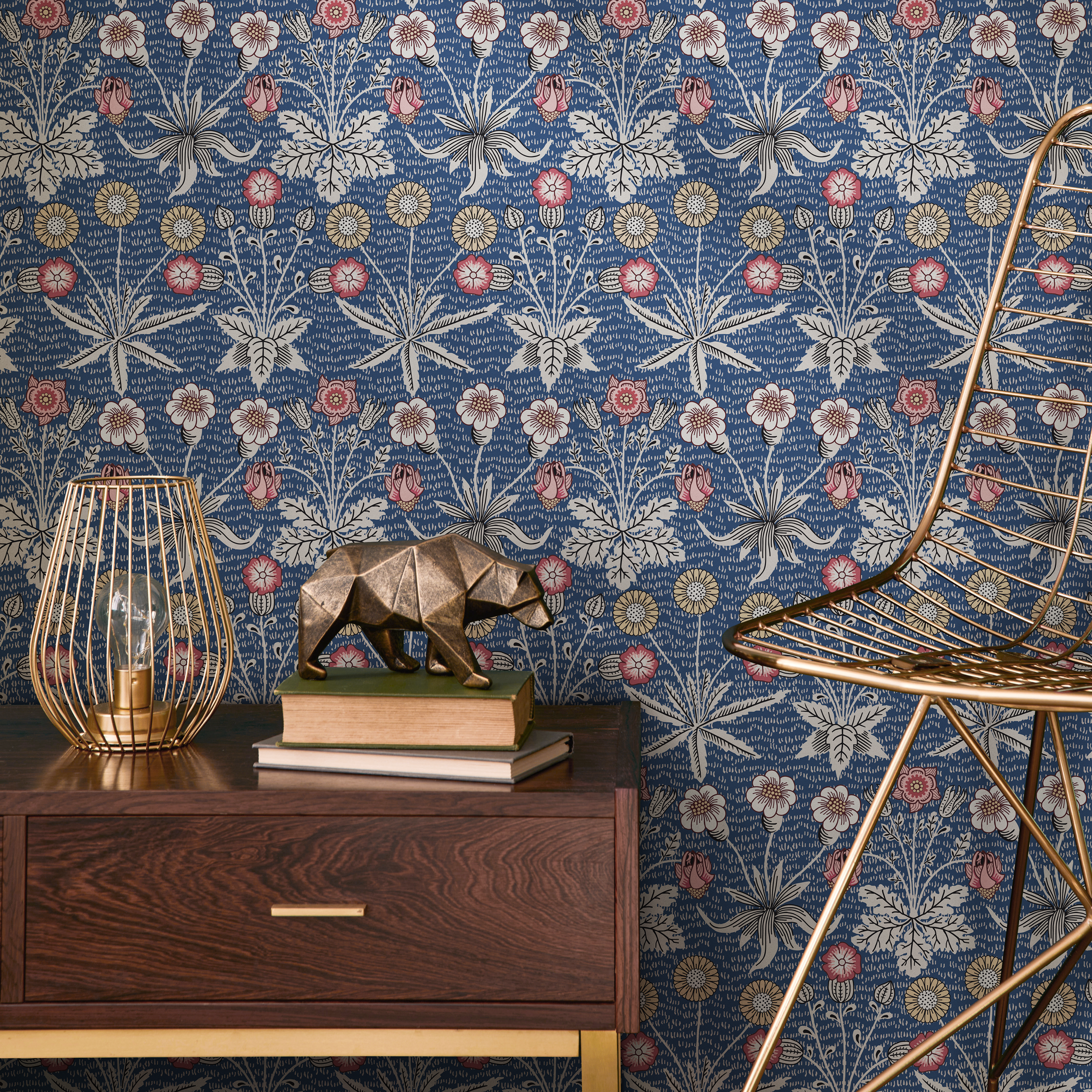 Vintage Floral Wallpaper Featuring Intricate Stylized Flowers In Blue, Red, And Yellow - B922