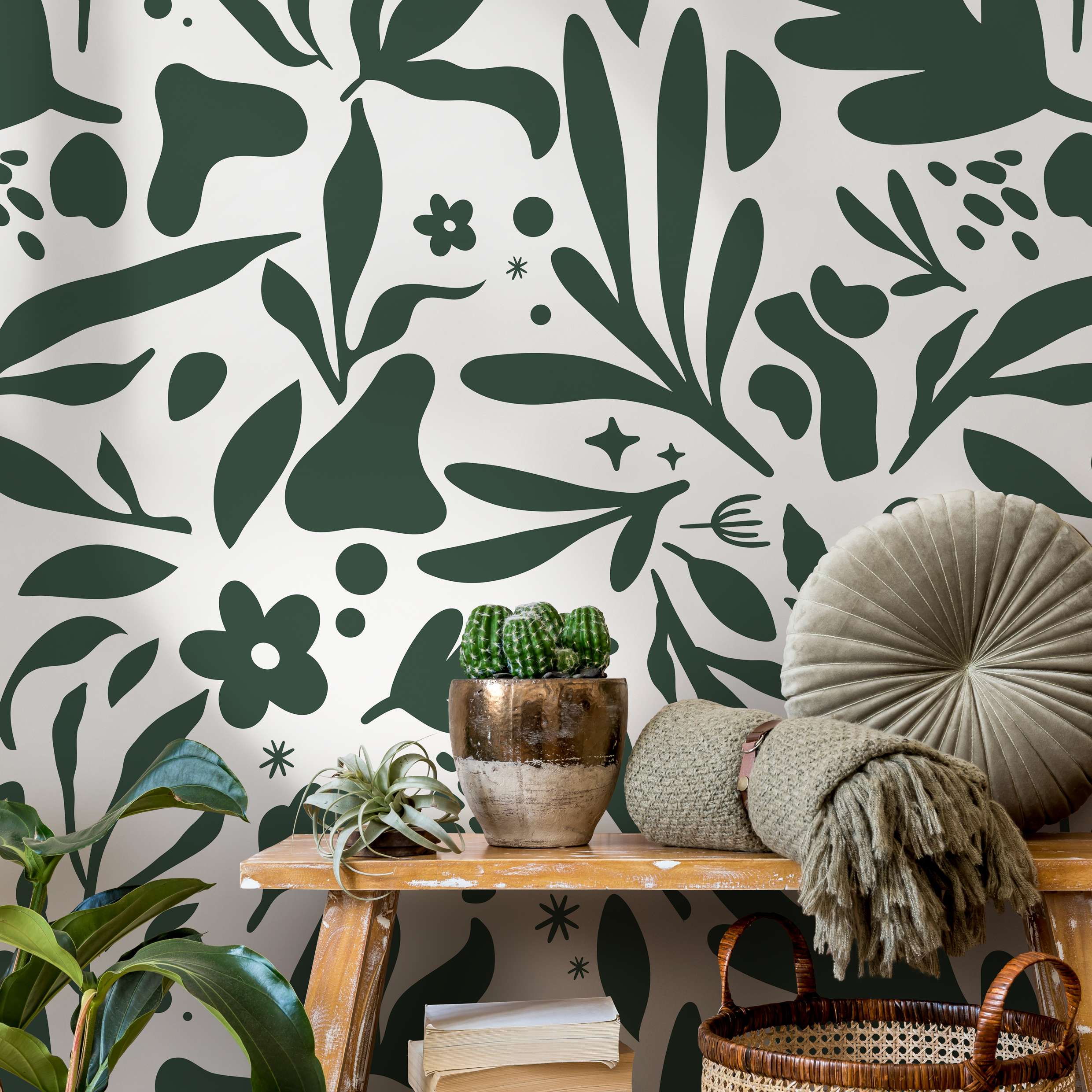 Abstract Wallpaper With A Modern Botanical Motif In Dark Green - B924