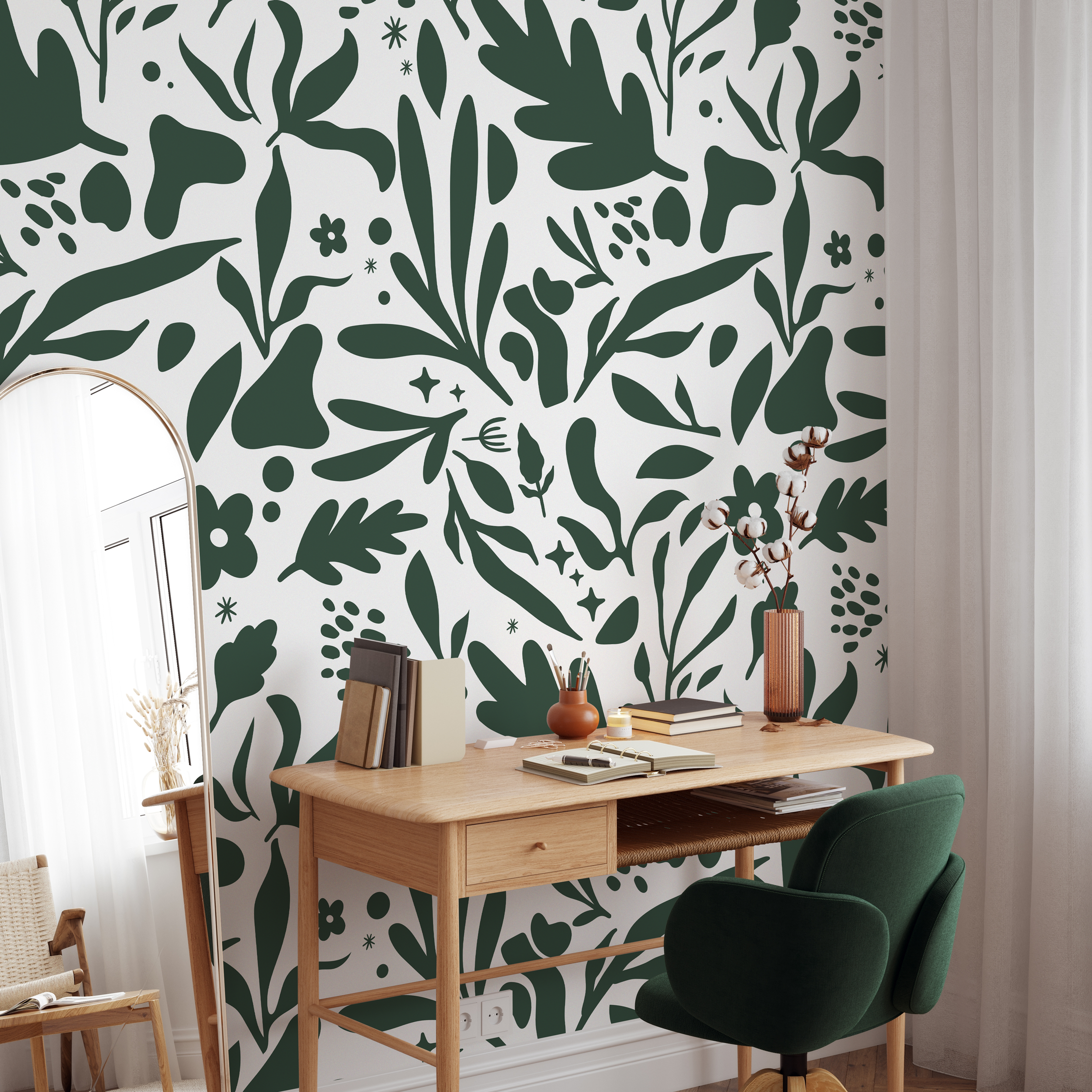 Abstract Wallpaper With A Modern Botanical Motif In Dark Green - B924
