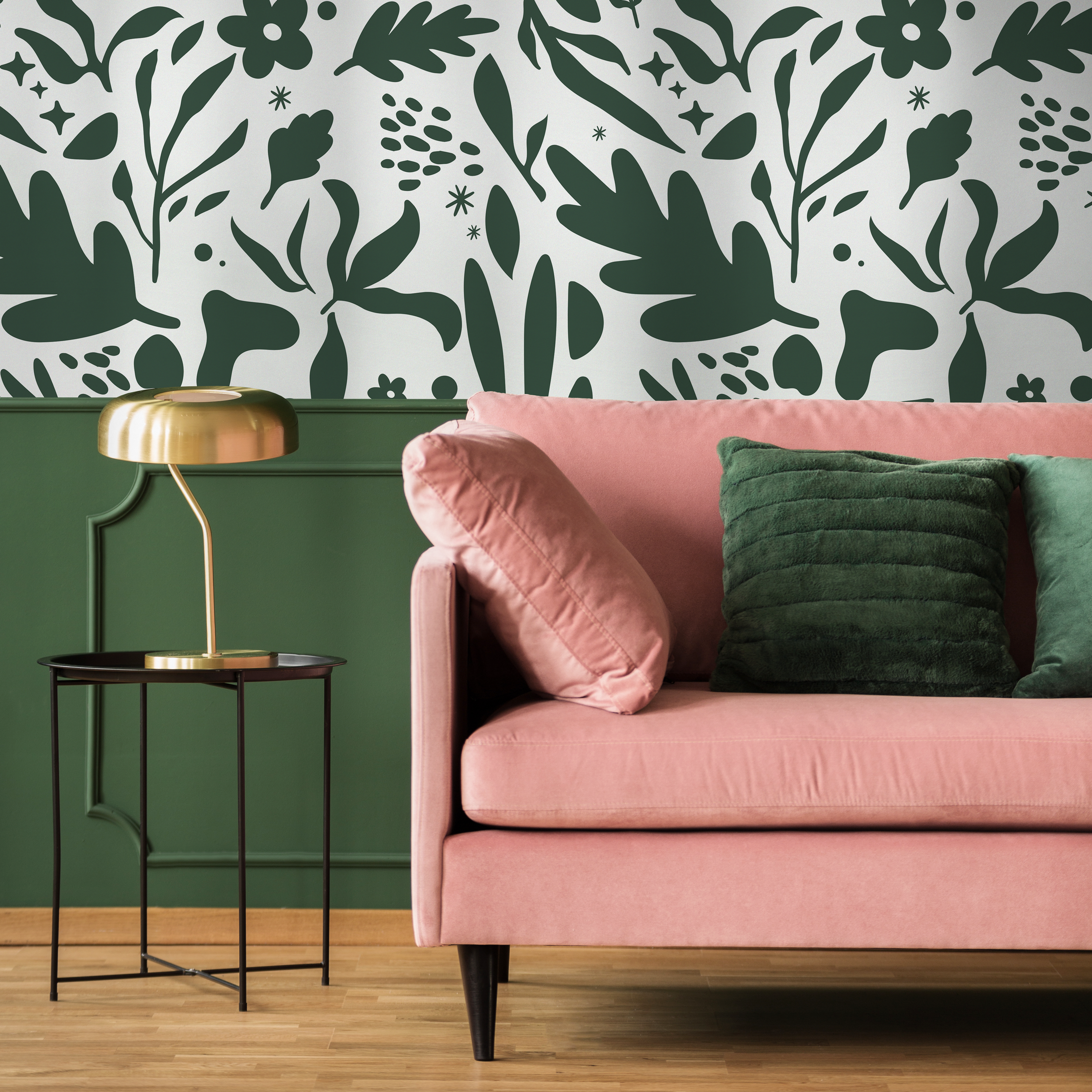 Abstract Wallpaper With A Modern Botanical Motif In Dark Green - B924