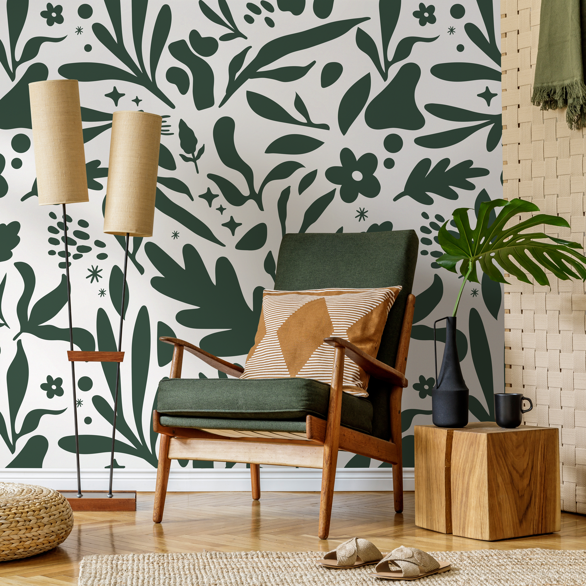 Abstract Wallpaper With A Modern Botanical Motif In Dark Green - B924
