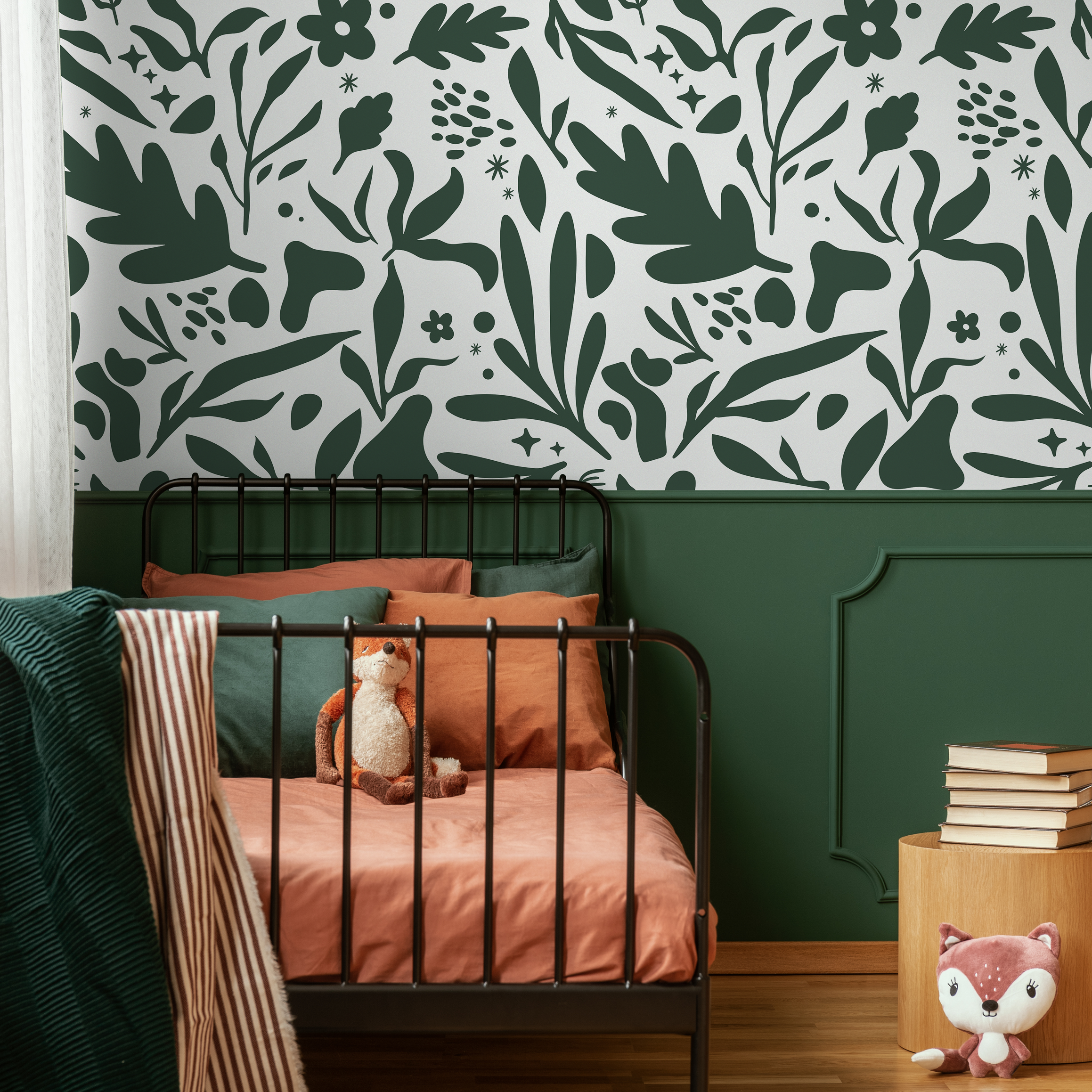Abstract Wallpaper With A Modern Botanical Motif In Dark Green - B924