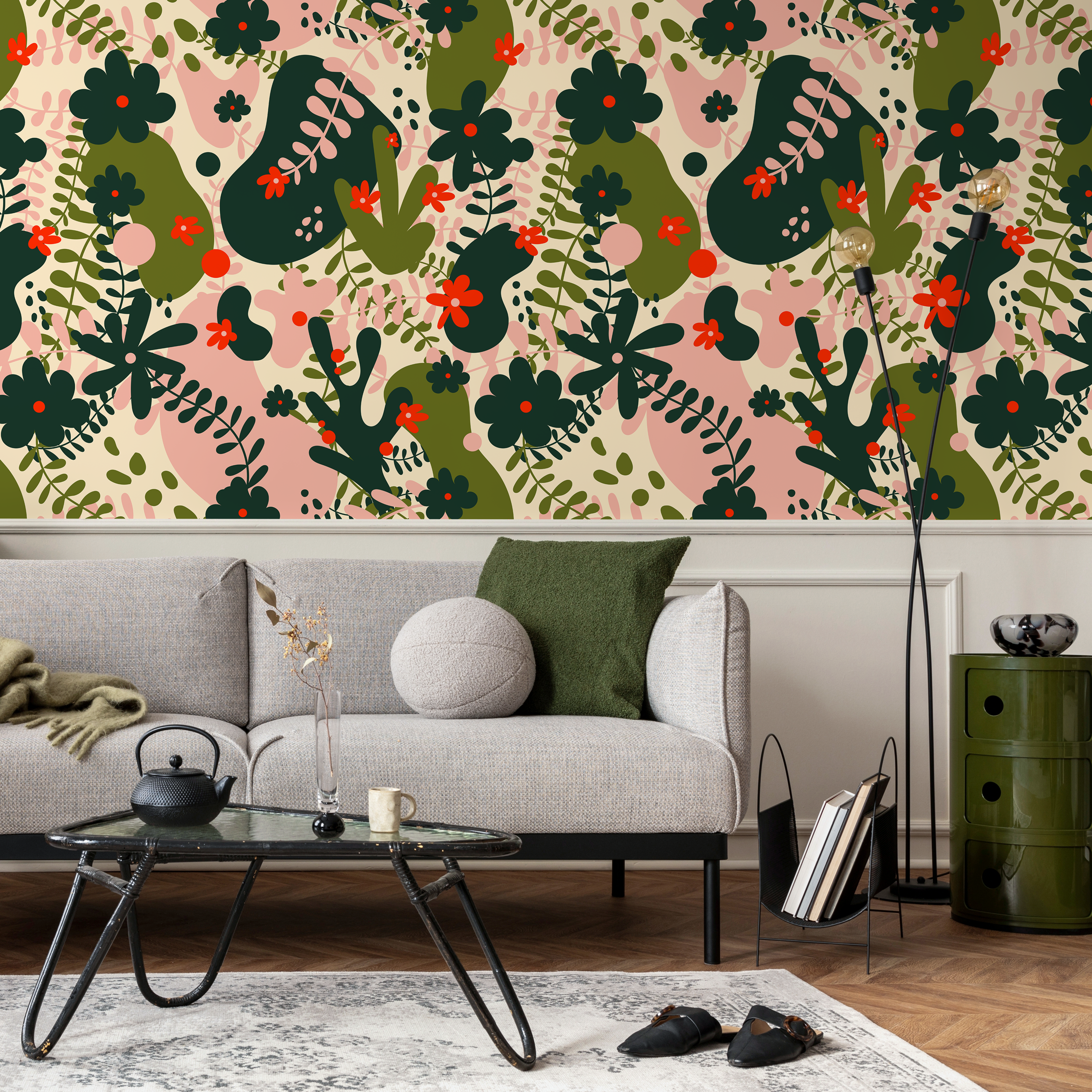 Abstract Floral Wallpaper With Organic Blooms In Green, Pink, And Red - B927