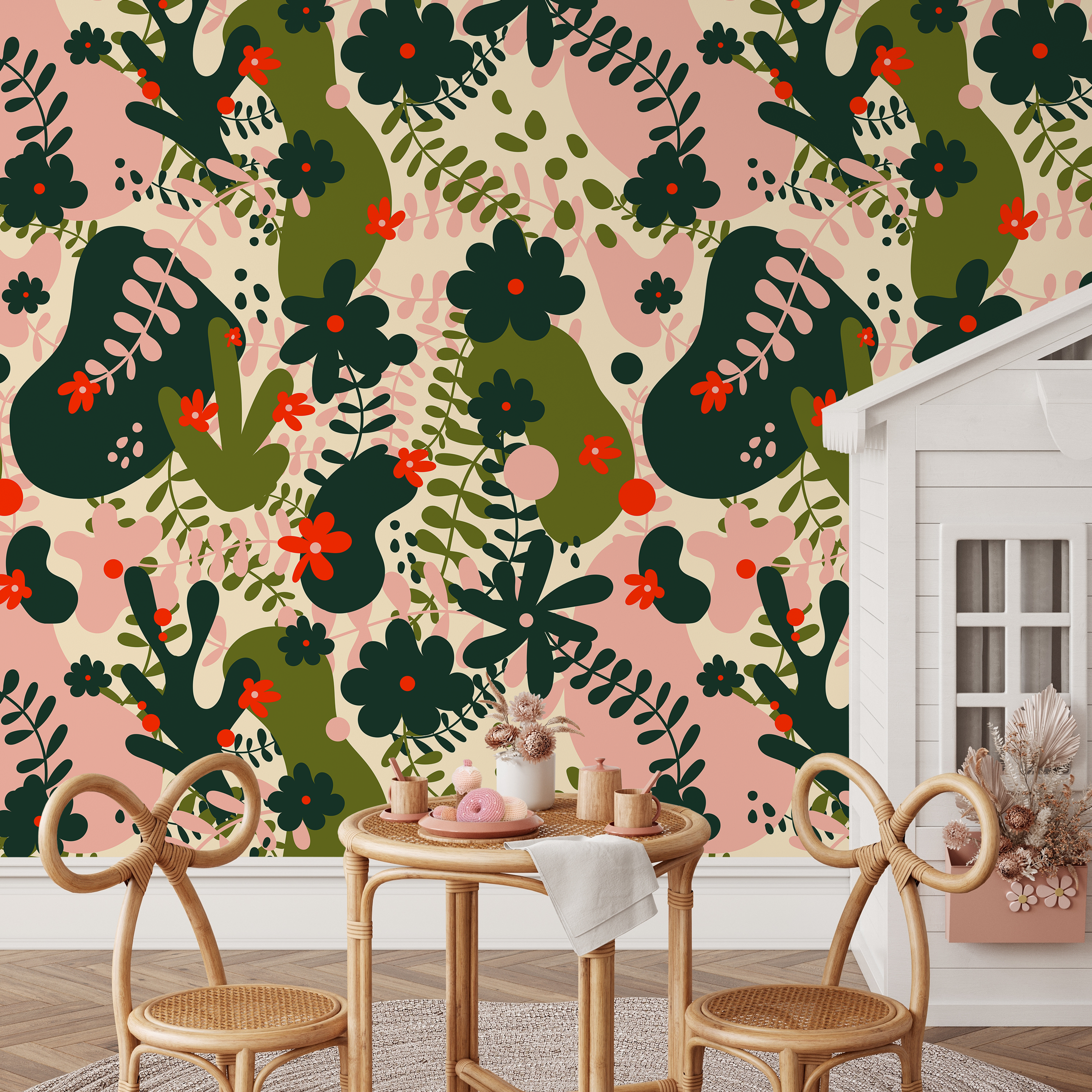 Abstract Floral Wallpaper With Organic Blooms In Green, Pink, And Red - B927