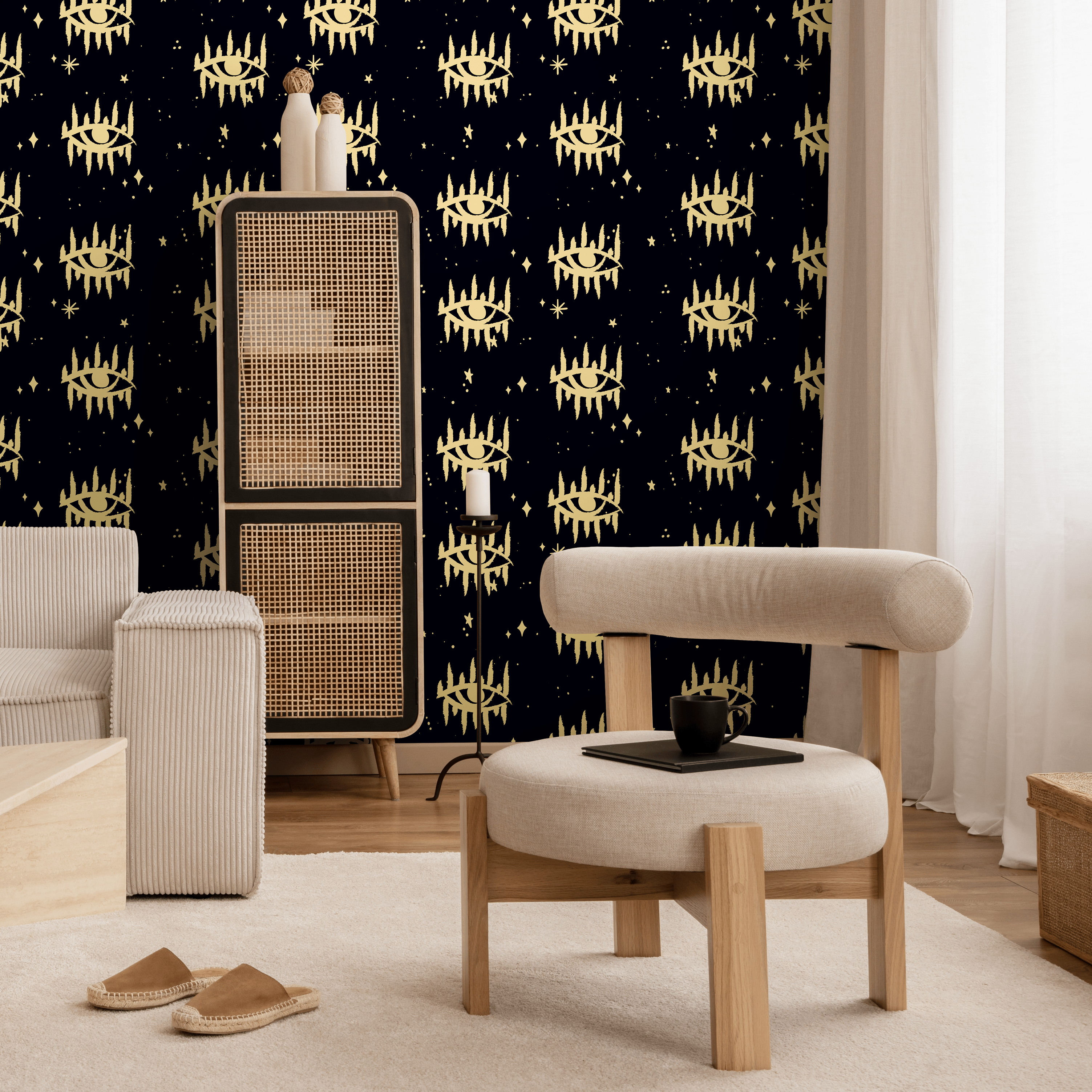 Mystical Wallpaper With A Celestial Eye And Star Motif In Gold And Black - As2-b931