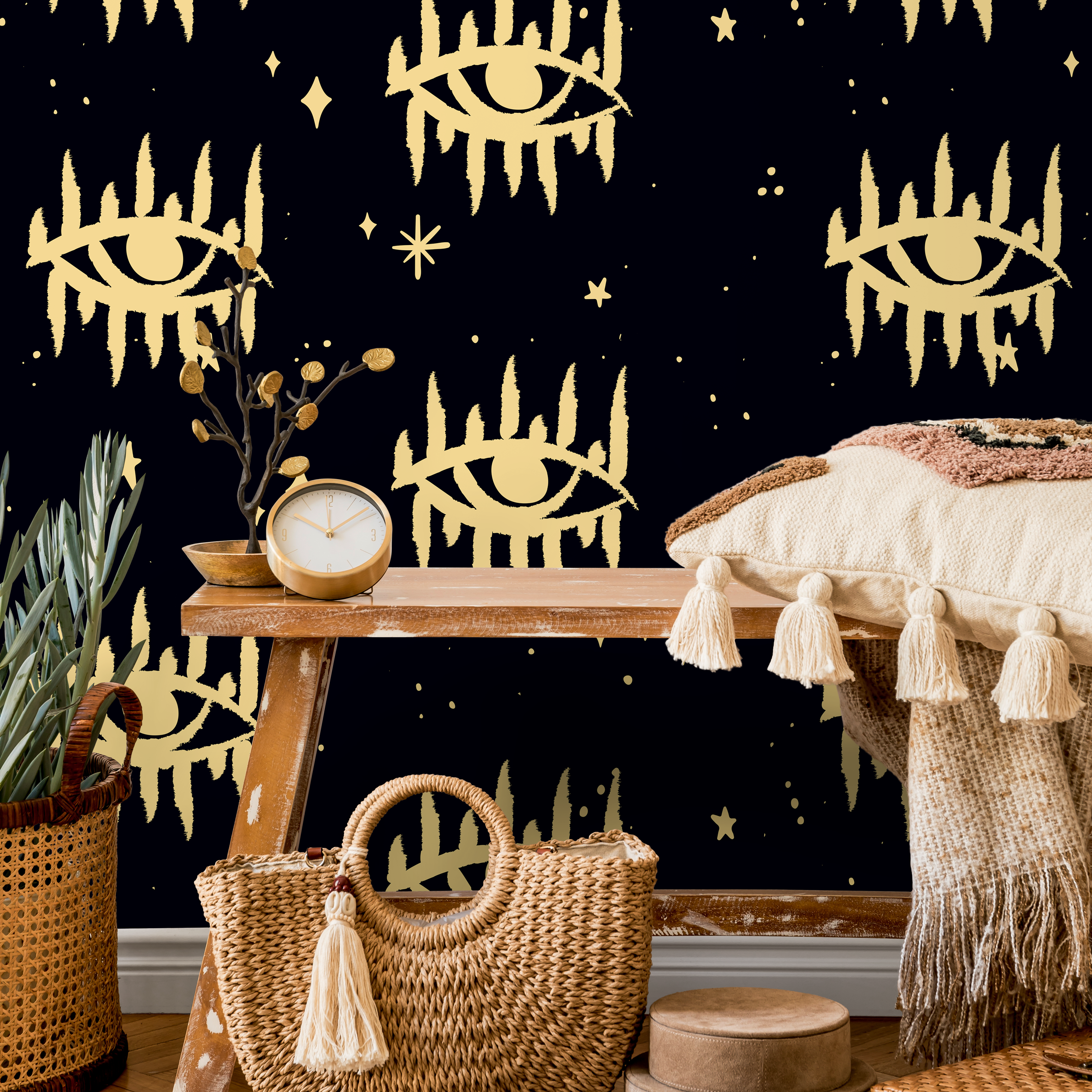 Mystical Wallpaper With A Celestial Eye And Star Motif In Gold And Black - As2-b931