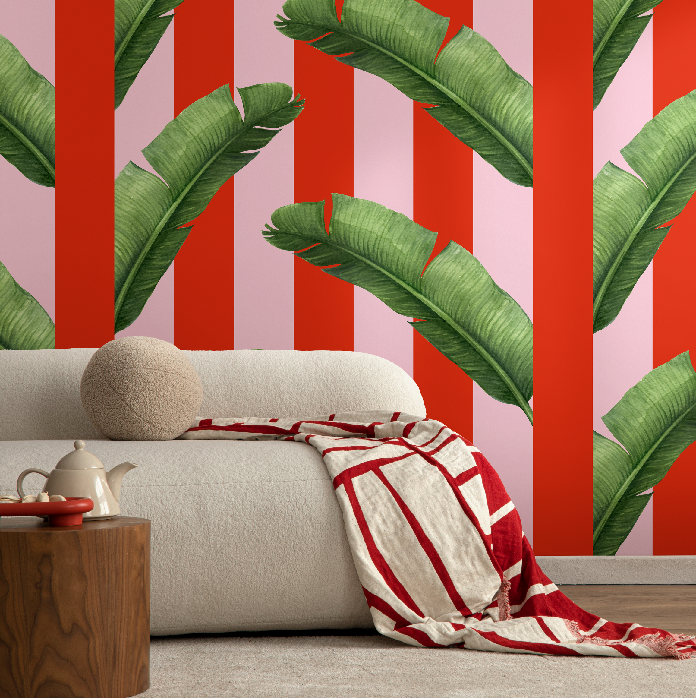 Tropical Wallpaper With Bold Stripes And Banana Leaves In Red, Pink, And Green - As2-b932