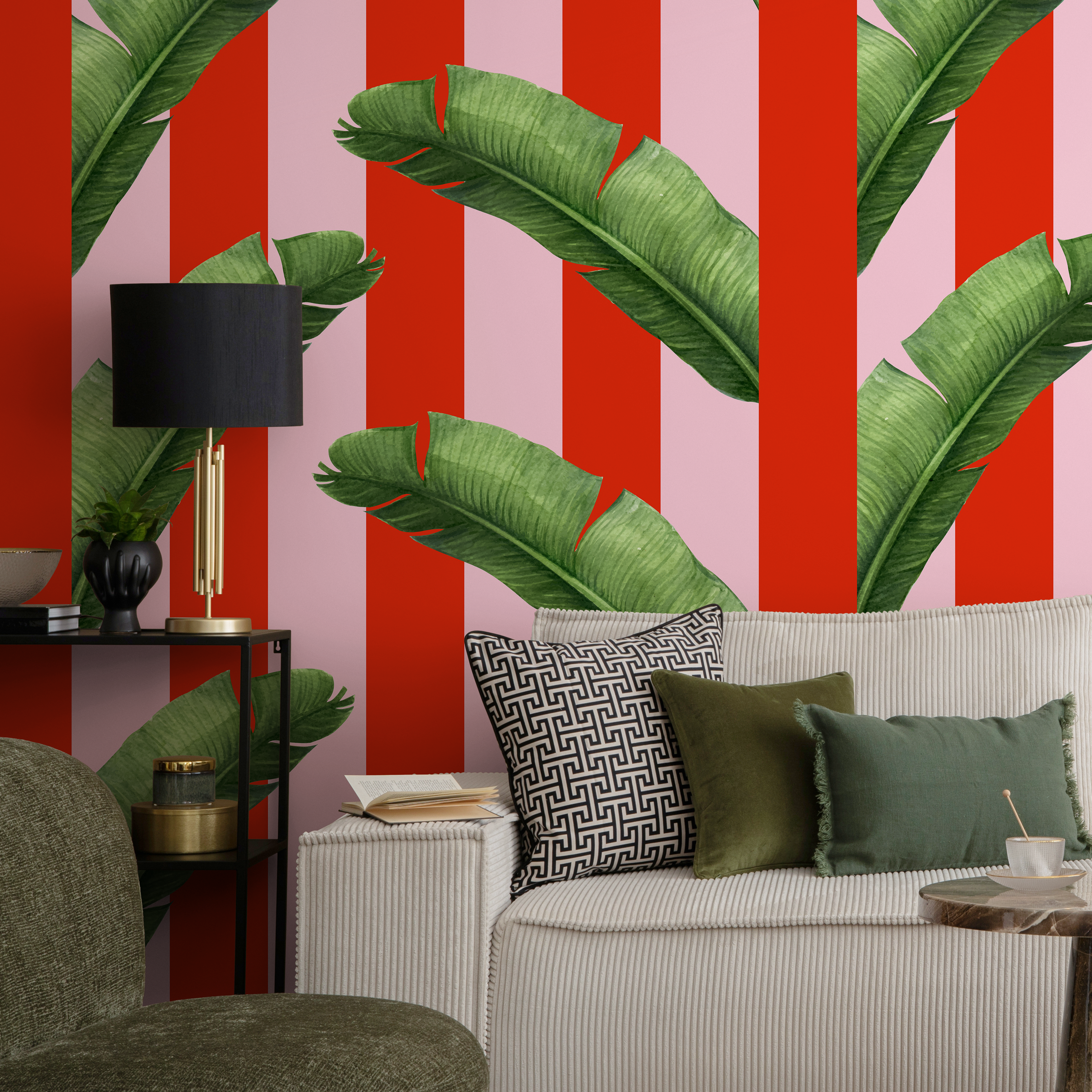 Tropical Wallpaper With Bold Stripes And Banana Leaves In Red, Pink, And Green - As2-b932