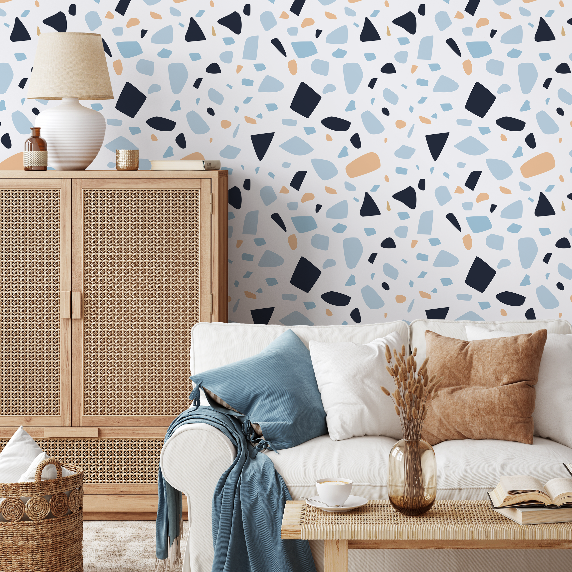 Terrazzo Wallpaper With Modern Abstract Shapes In Navy, Blue, And Beige - B934