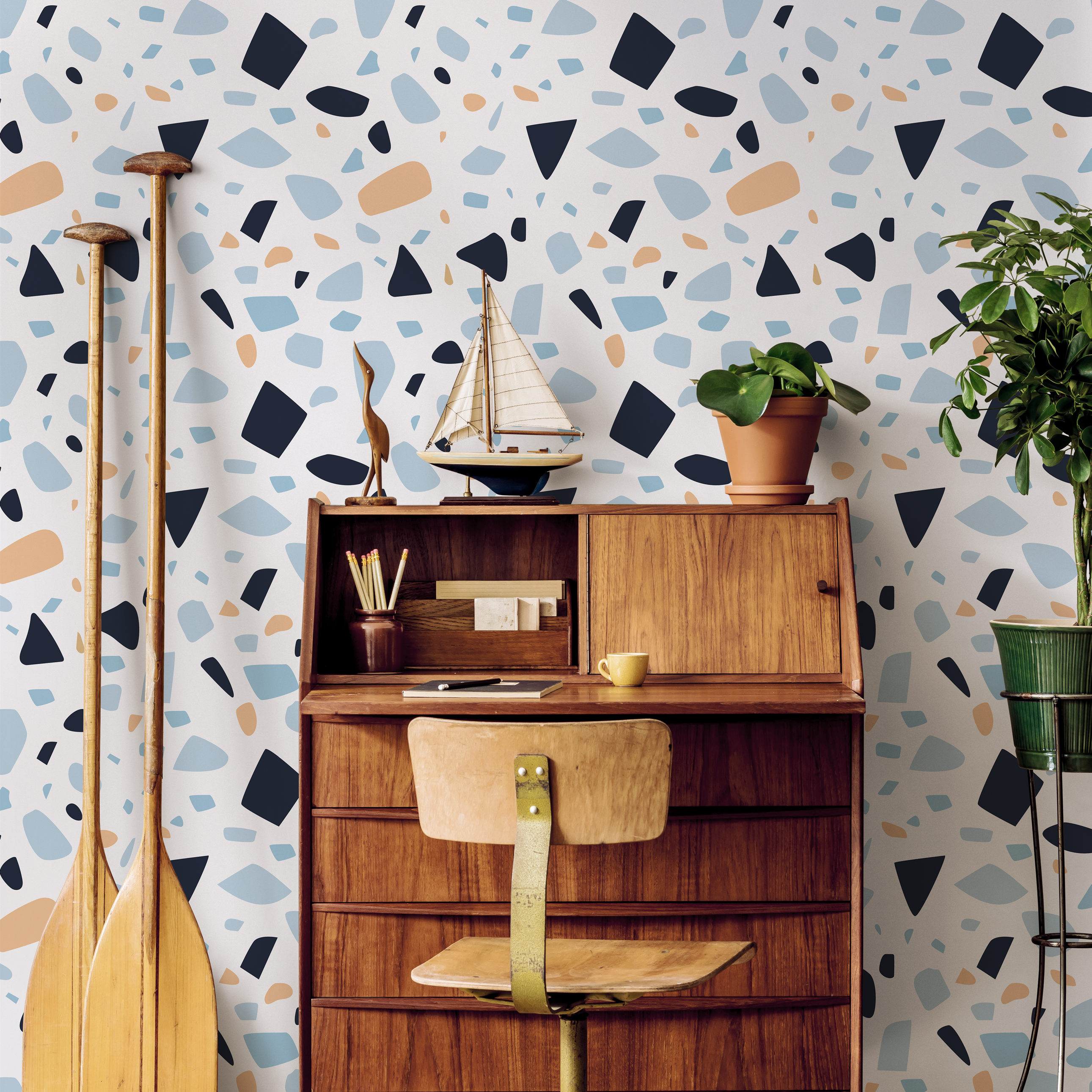 Terrazzo Wallpaper With Modern Abstract Shapes In Navy, Blue, And Beige - B934