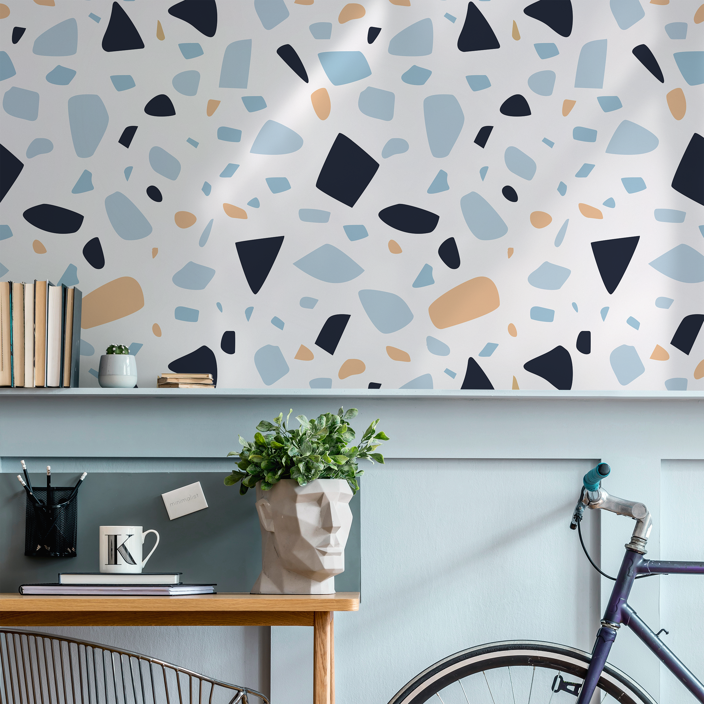 Terrazzo Wallpaper With Modern Abstract Shapes In Navy, Blue, And Beige - B934